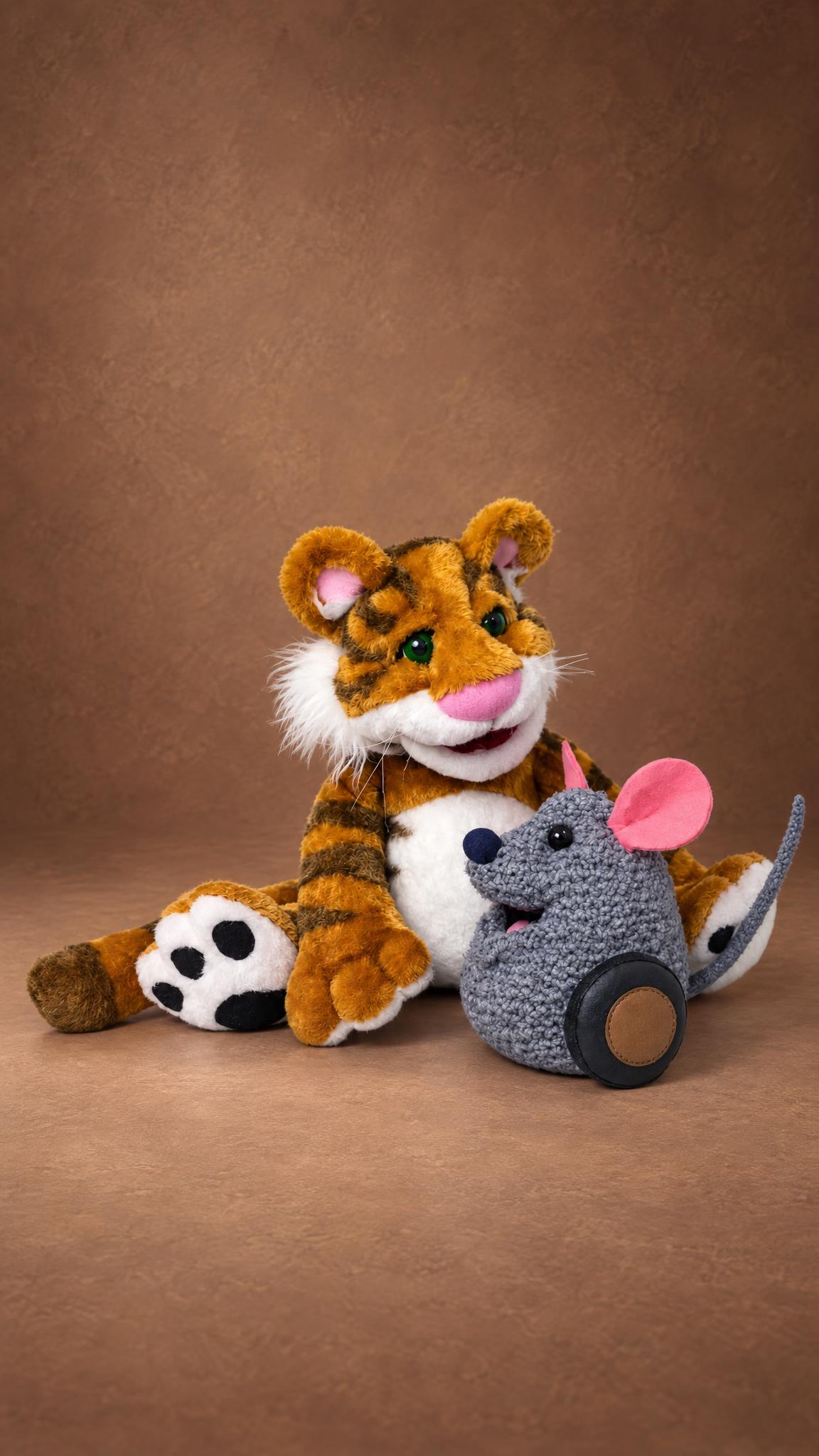 Grey Mew mouse plush from The Christmas Toy on his black wheel with Rugby the Tiger, handmade to order
