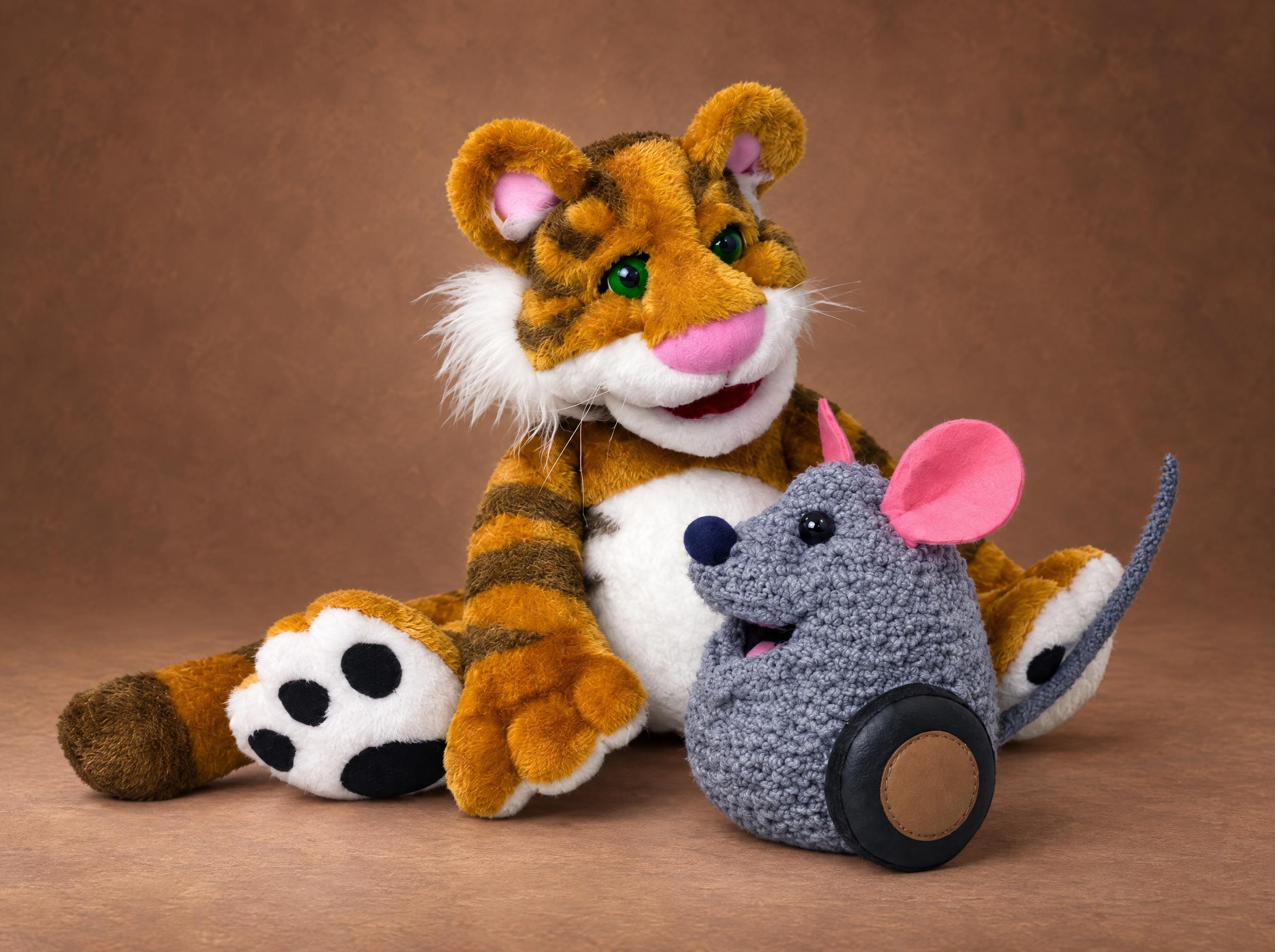 Mew Mouse Plush from The Christmas Toy Grey Mew mouse plush from The Christmas Toy on his black wheel with Rugby the Tiger, handmade to order