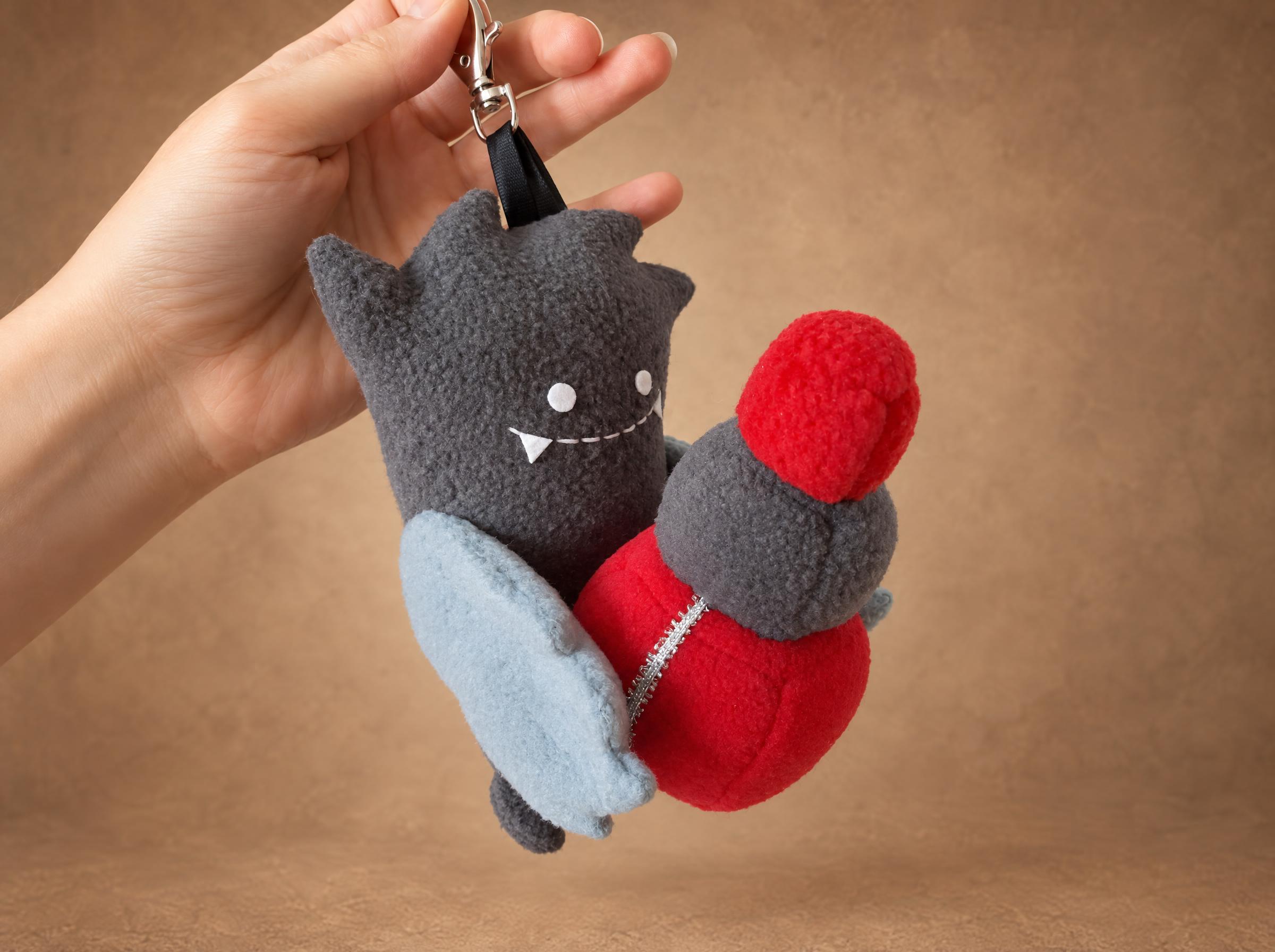 Cup monster custom plush keychain, handmade to order in grey fleece with bat wings and a red gift sack