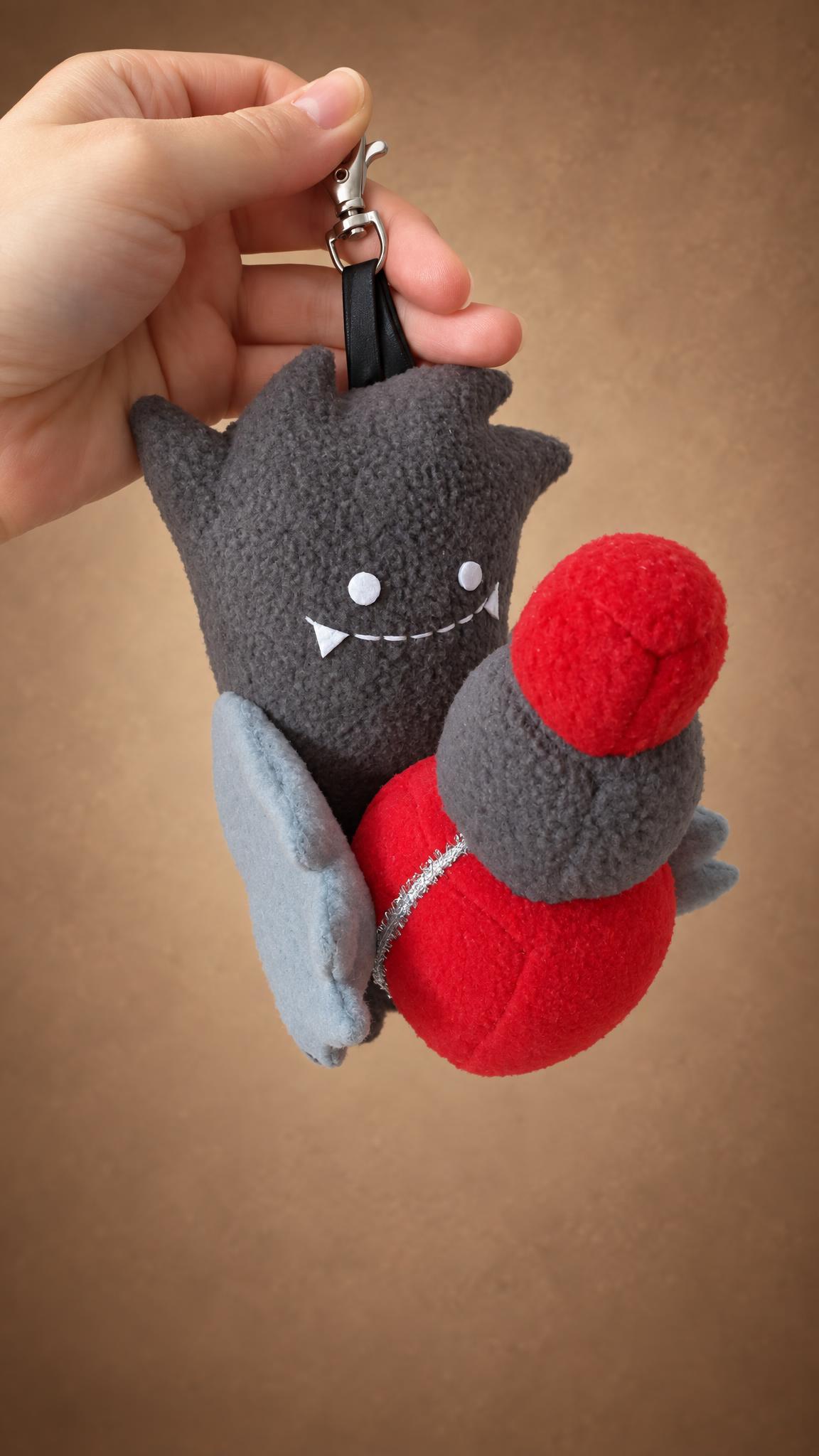 Handmade keychain plush monster from a coffee cup, hugging a red gift tied with silver cord, made to order