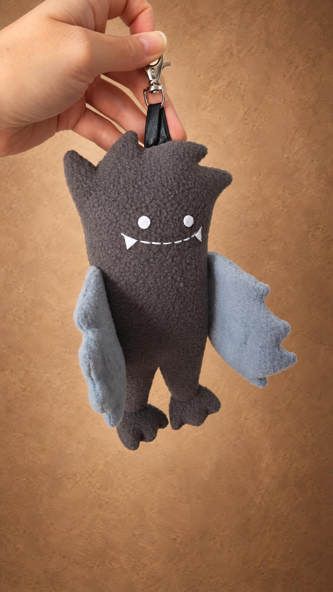 Cup monster plush keychain without its gift: grey bat wings and the clawed legs we invented, sewn to order
