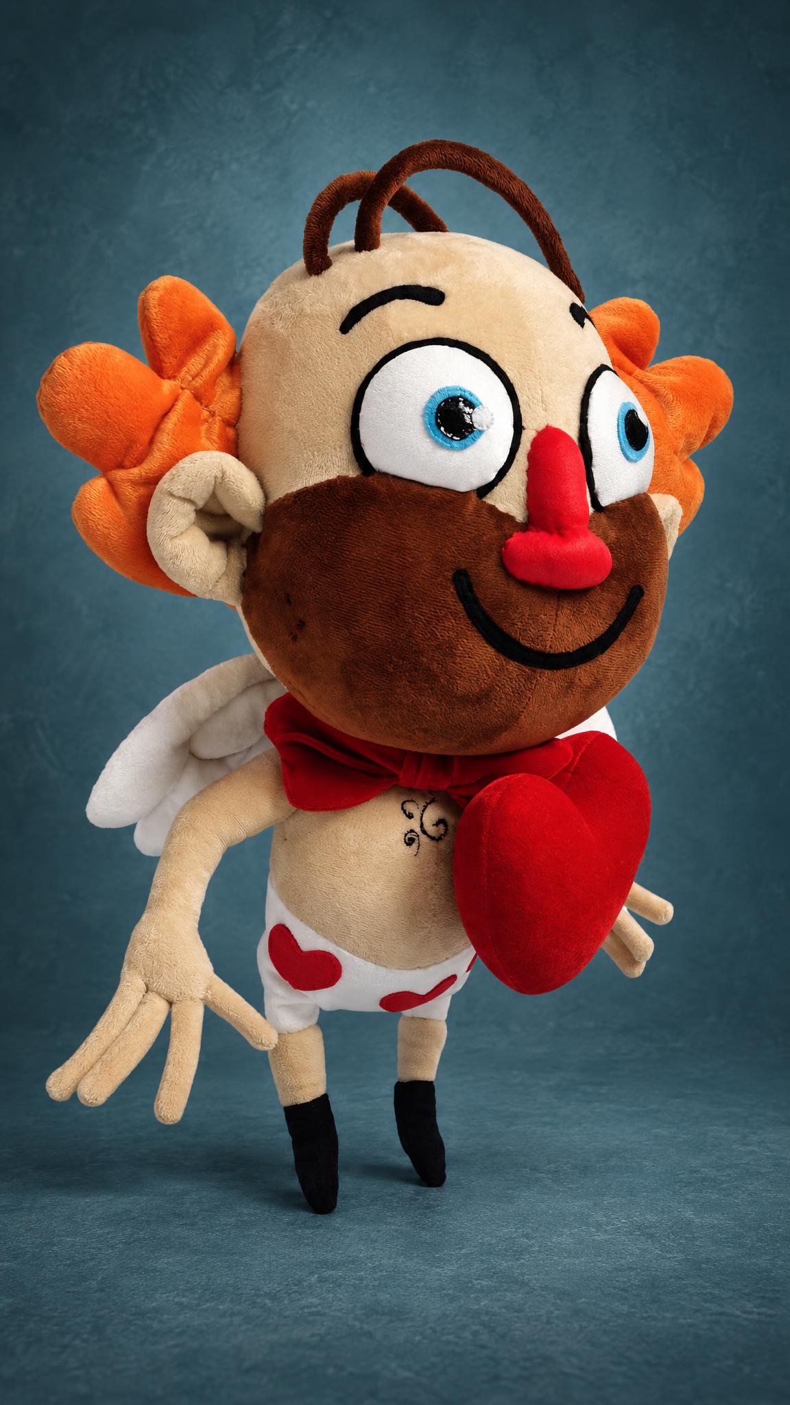 Stubbly cupid plush from a sticker with orange hair tufts, red nose and a red velvet heart, handmade to order