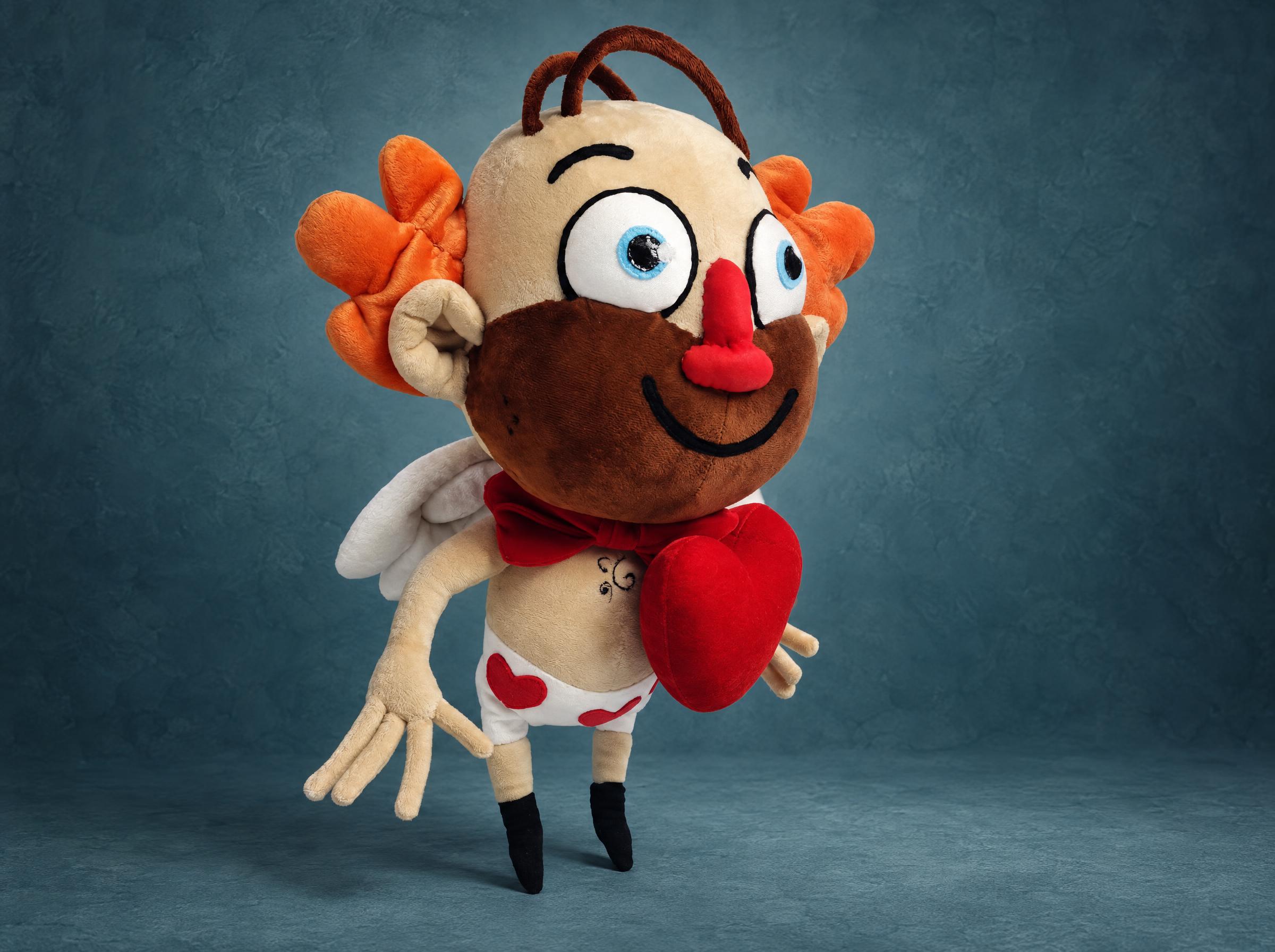 Cupid Plush With Stubble, Bow Tie and a Red Heart Cupid plush sewn to order from a sticker: stubble beard, curl of chest hair, red bow tie and a big red heart