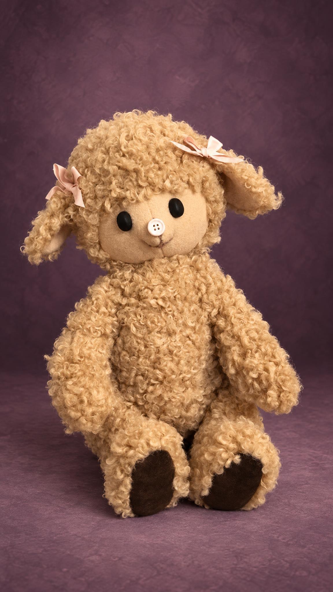 Curly sheep plush prototype with pink bows Curly sheep plush prototype with pink bows, button nose and dark feet, sewn by hand to order for a toy brand
