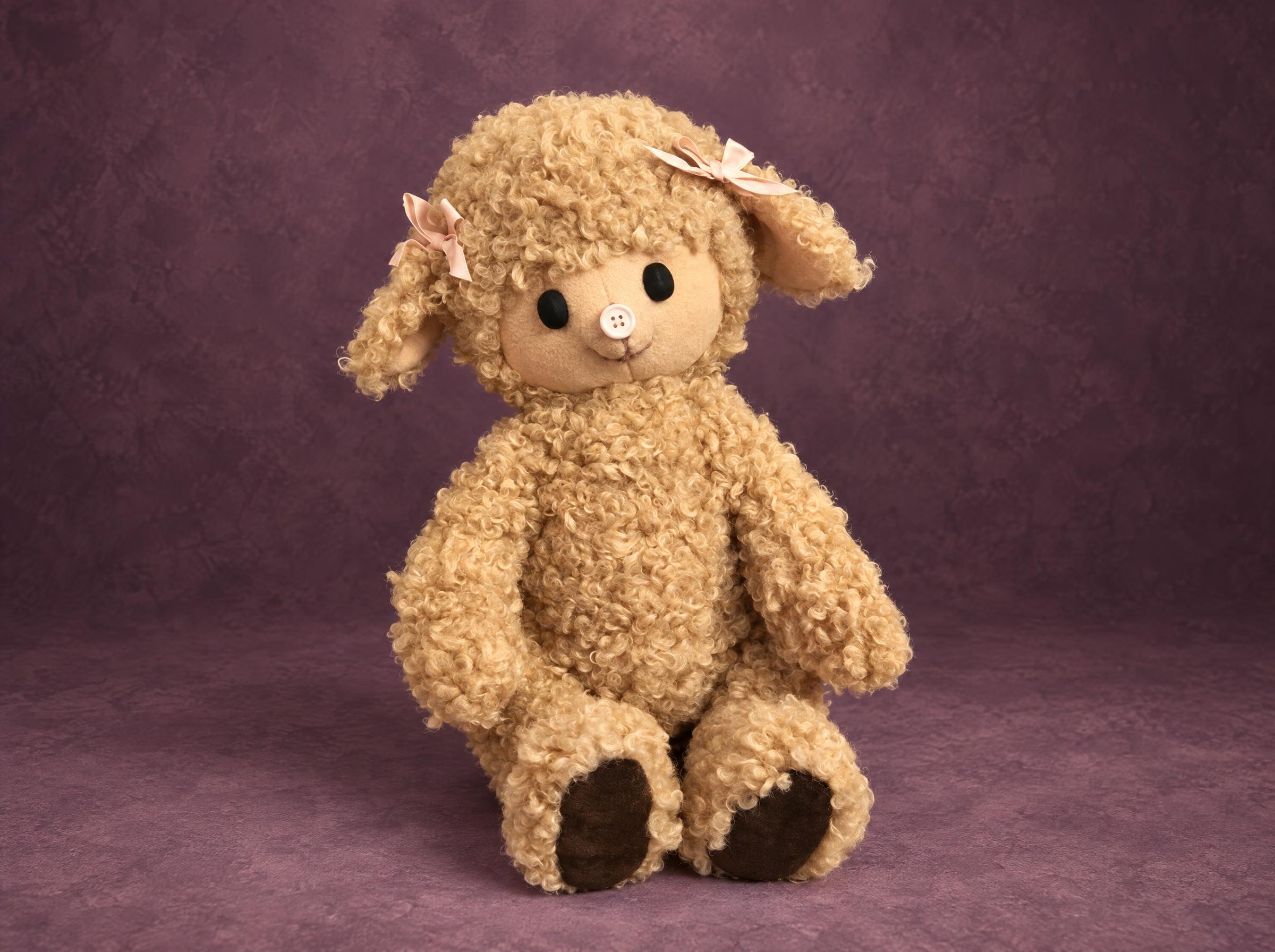 Curly sheep plush prototype with pink bows, button nose and dark feet, sewn by hand to order for a toy brand