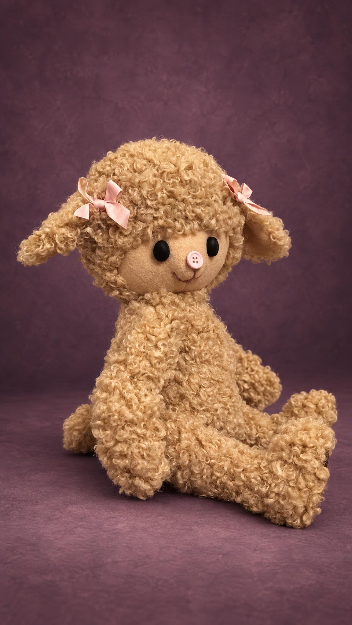 Curly sheep plush sample in golden curly faux fur, floppy ears with pink ribbon bows, made to order