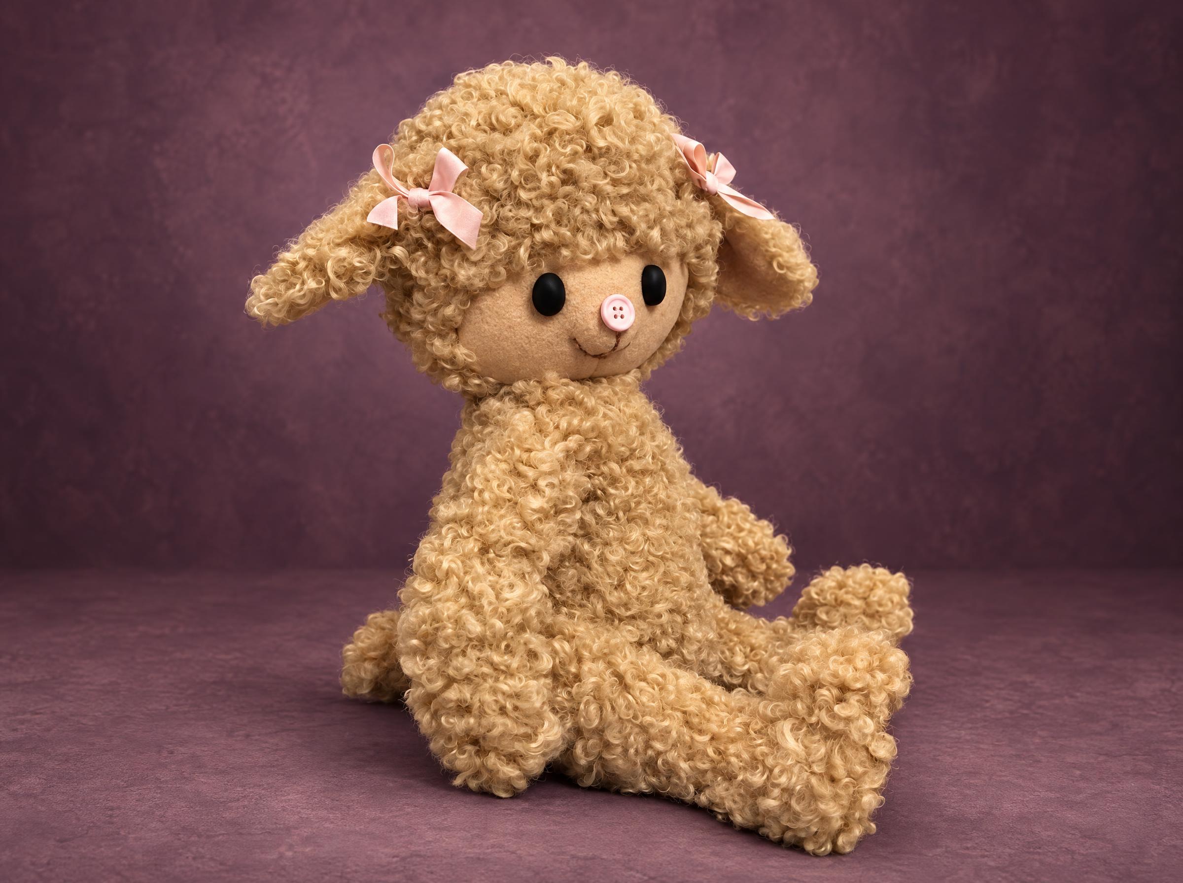 Curly sheep plush sample in golden faux fur Curly sheep plush sample in golden curly faux fur, floppy ears with pink ribbon bows, made to order