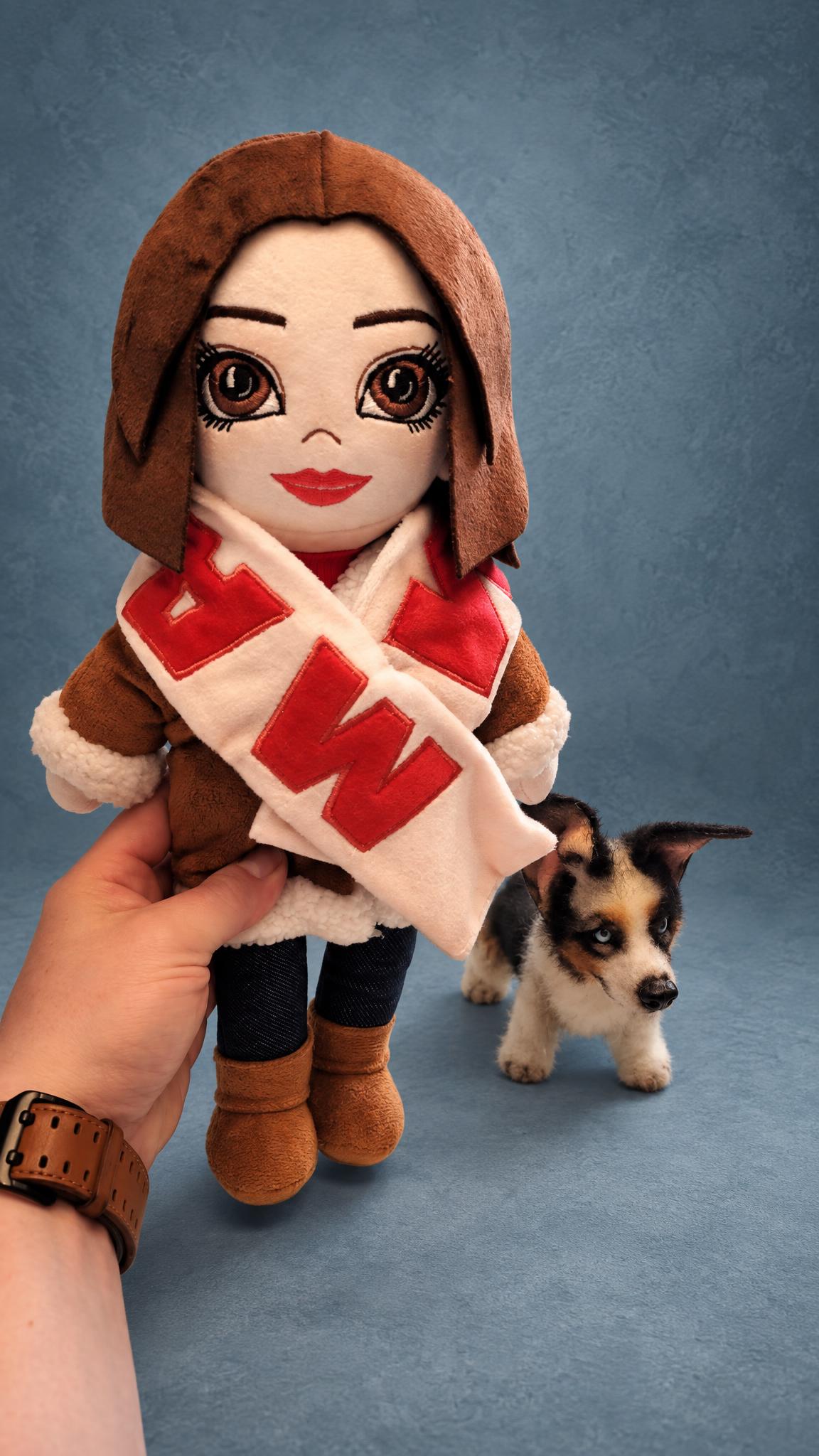 Anime Plush Doll From a Photo, a Gift for Her Anime plush doll made to order as a portrait of his girlfriend, with a corgi pet plush sewn as a separate toy
