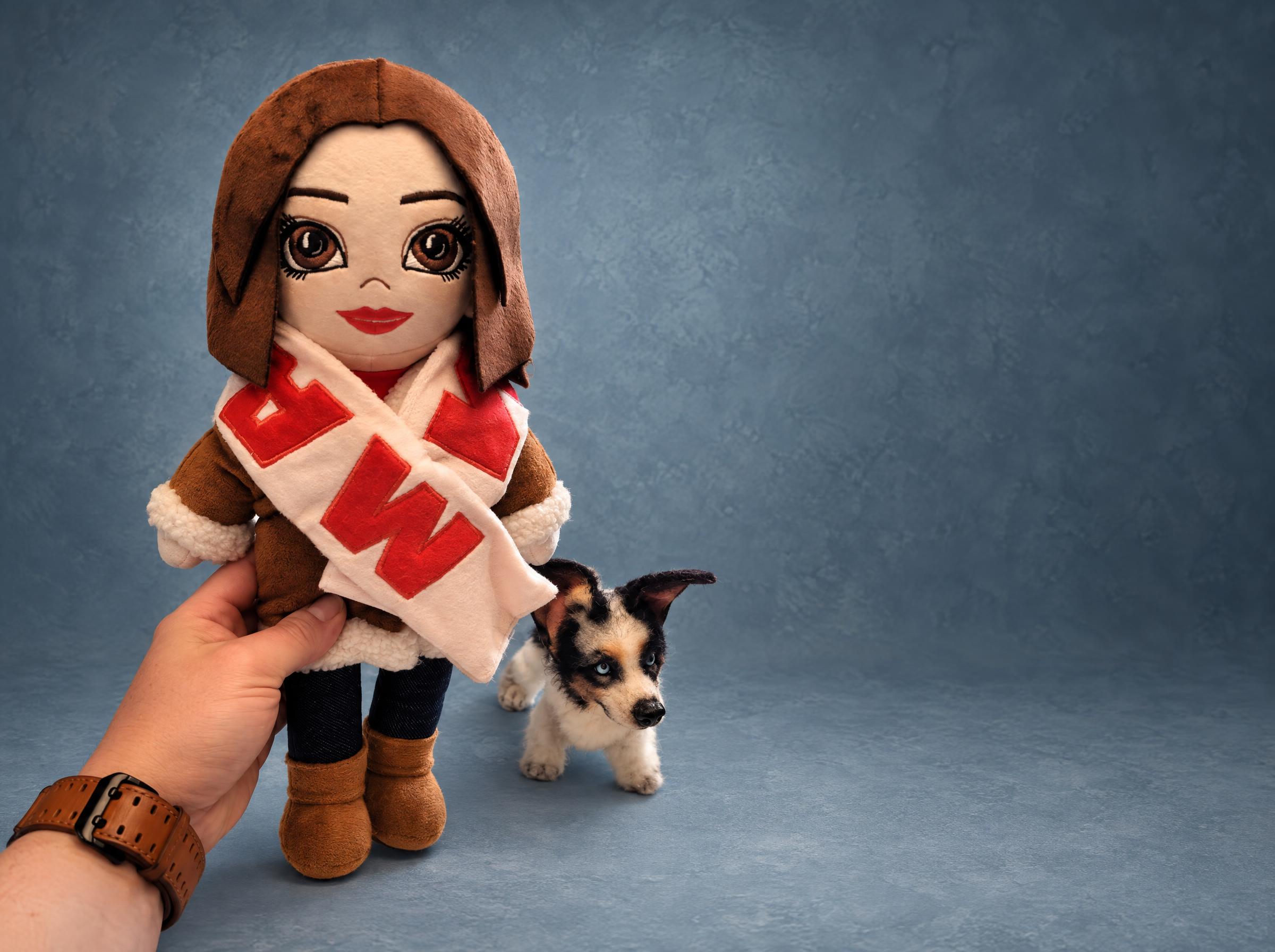 Custom anime plush doll of a girlfriend, made to order from her photo: embroidered face, brown bob, red scarf