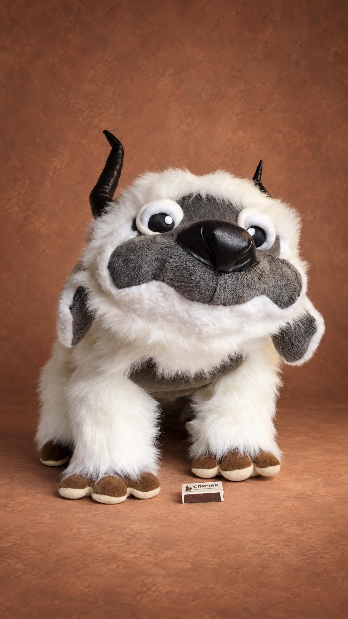 Custom Appa plush, handmade to order: shaggy white sky bison with a grey muzzle, black horns and brown toes