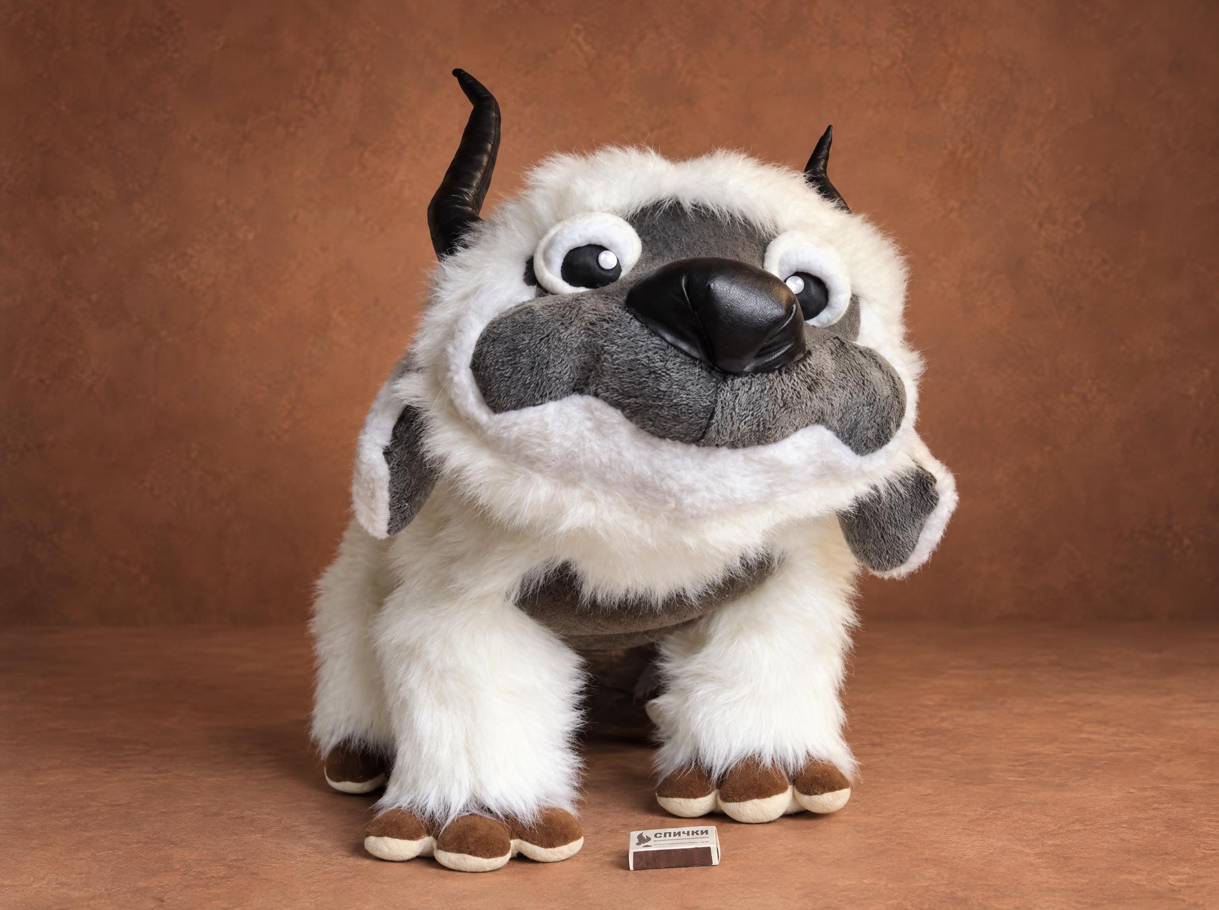 Custom Appa plush, handmade to order: shaggy white sky bison with a grey muzzle, black horns and brown toes