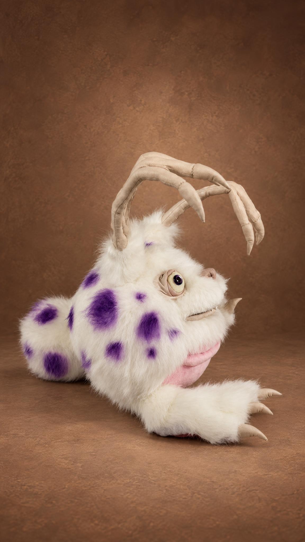 Blabbit stuffed animal from My Singing Monsters, white fur with purple spots and bony ears, handmade to order