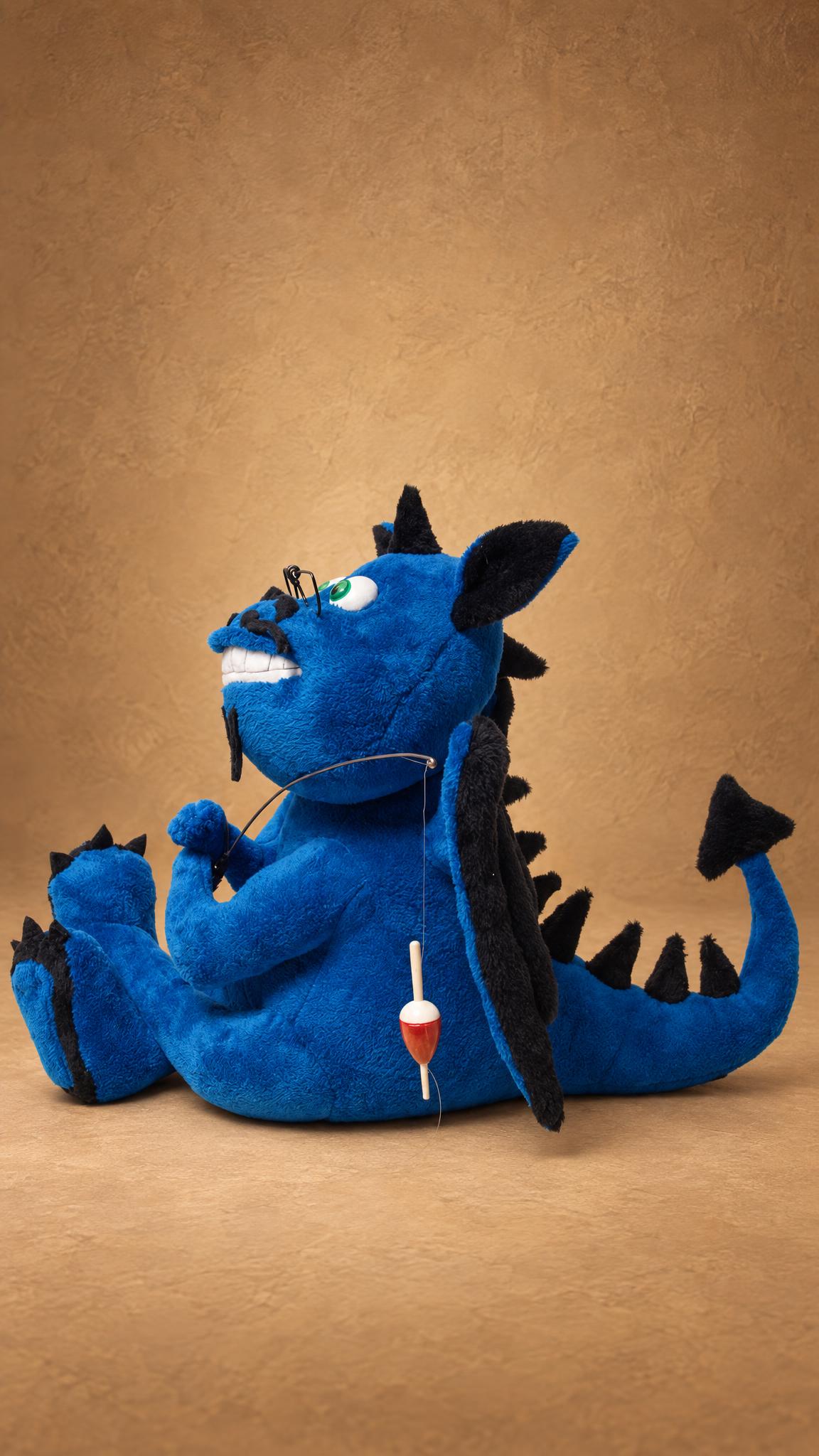 Handmade dragon plush gift for a fisherman, made to order: black-edged wings, spiky tail, rod and float