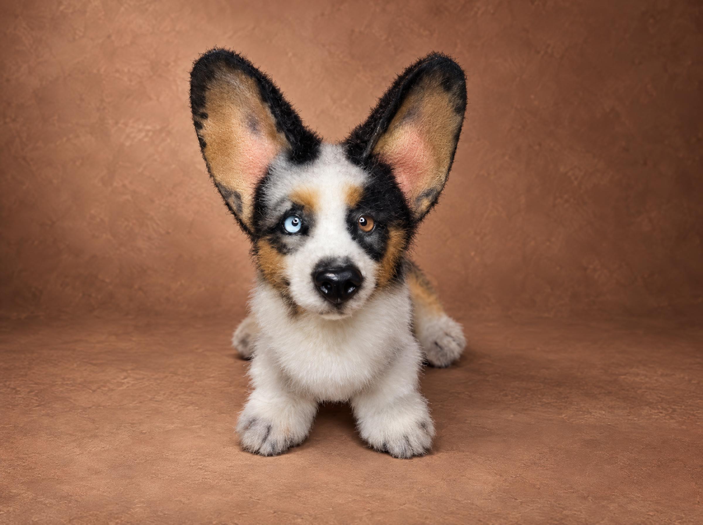 Custom blue merle corgi plush with one blue and one brown eye, sewn by hand to order from a dog's photos