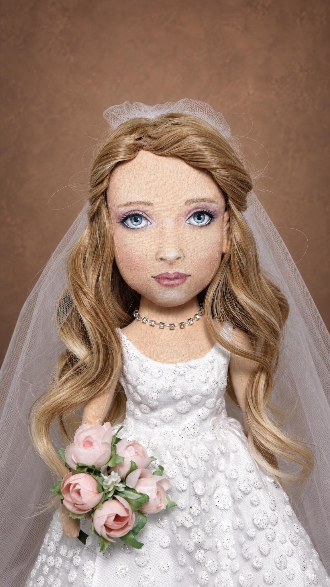 Bride portrait doll handmade to order for a wedding gift: rhinestone necklace, white dotted gown, rosebud bouquet