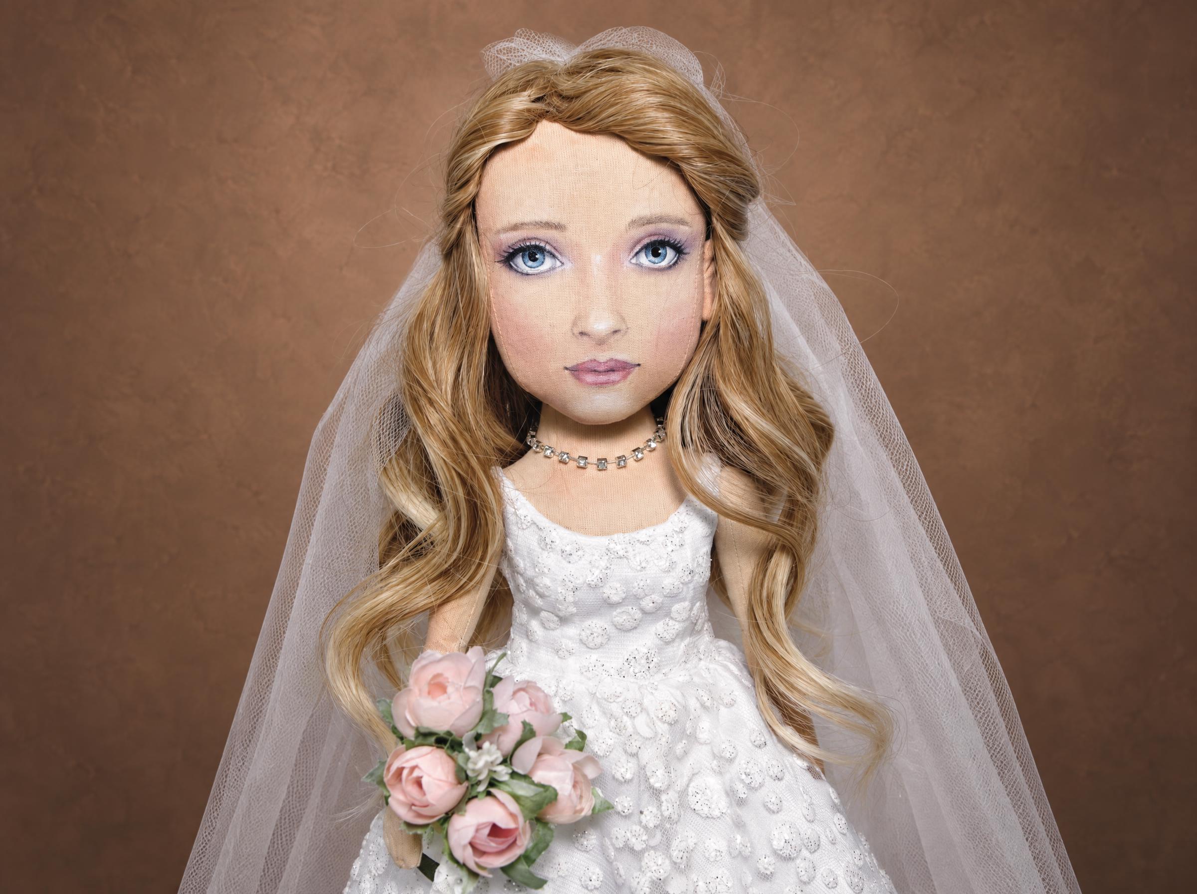 Custom Bride Doll From a Photo, Wedding Dress and Veil Custom bride doll from a photo, made to order: painted blue eyes, wavy honey-blonde hair, veil and pink rosebuds