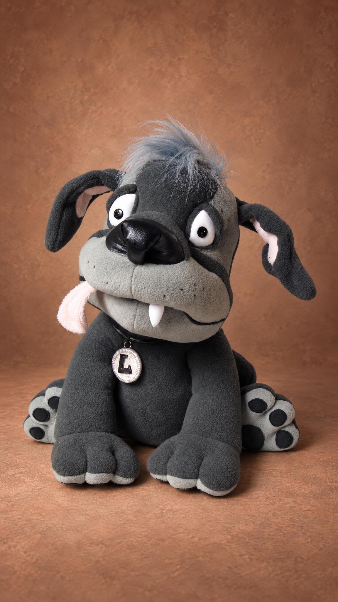 Custom cartoon dog plush from a drawing, handmade to order: floppy pink-lined ears, one fang, L medal collar