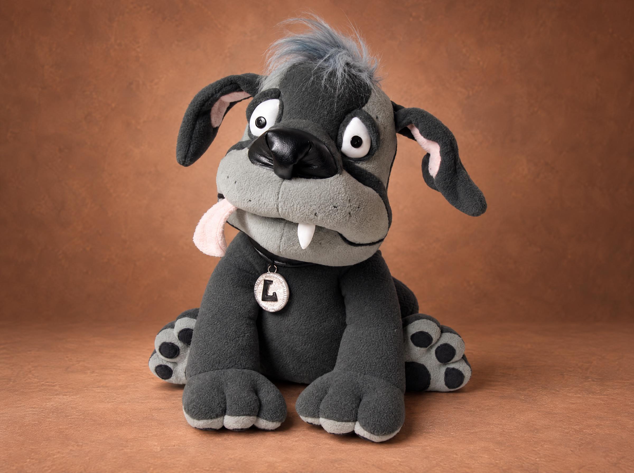 Custom Cartoon Dog Plush From a Drawing Custom cartoon dog plush from a drawing, handmade to order: floppy pink-lined ears, one fang, L medal collar