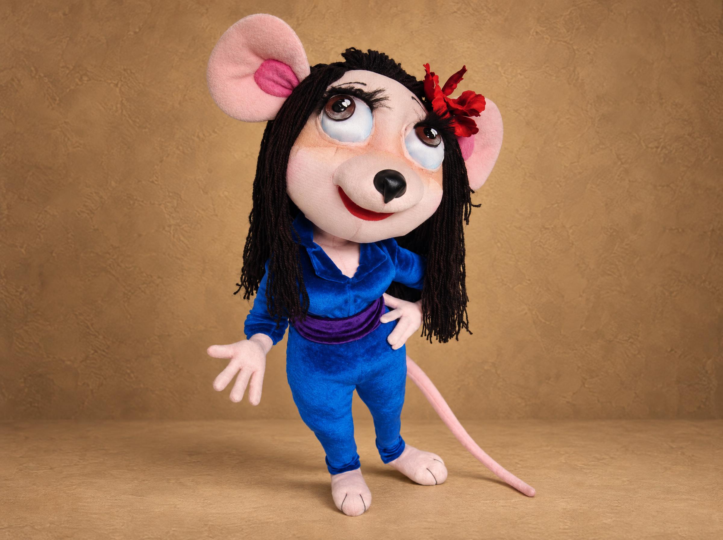 Custom cartoon doll made to order: Gadget-inspired look-alike mouse with long dark hair and a blue velvet jumpsuit