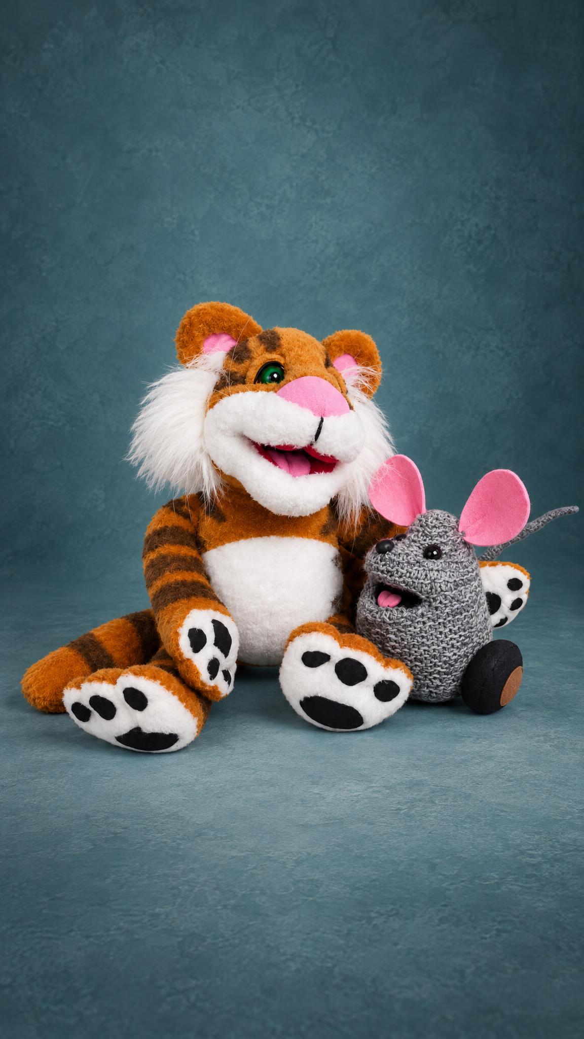 Custom Christmas Toy plush: smiling Rugby Tiger with big white paws and Mew the mouse's pink ears, handmade