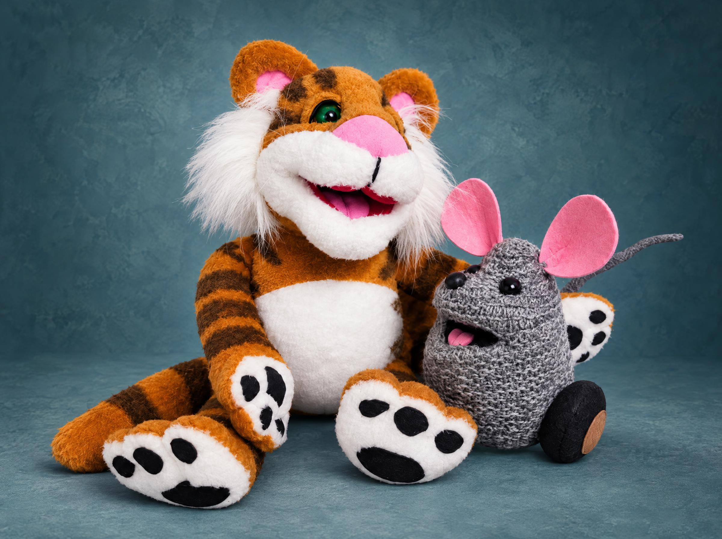 Custom Christmas Toy Plush: Rugby Tiger and Mew Custom Christmas Toy plush: smiling Rugby Tiger with big white paws and Mew the mouse's pink ears, handmade