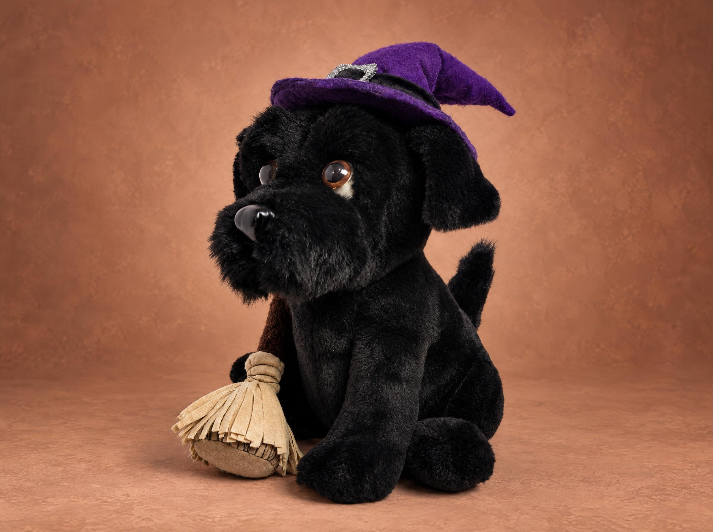 Custom dog mascot plush with a broom Custom dog mascot plush: black terrier with a shaggy muzzle, bent purple hat tip and a beige broom, sewn by hand