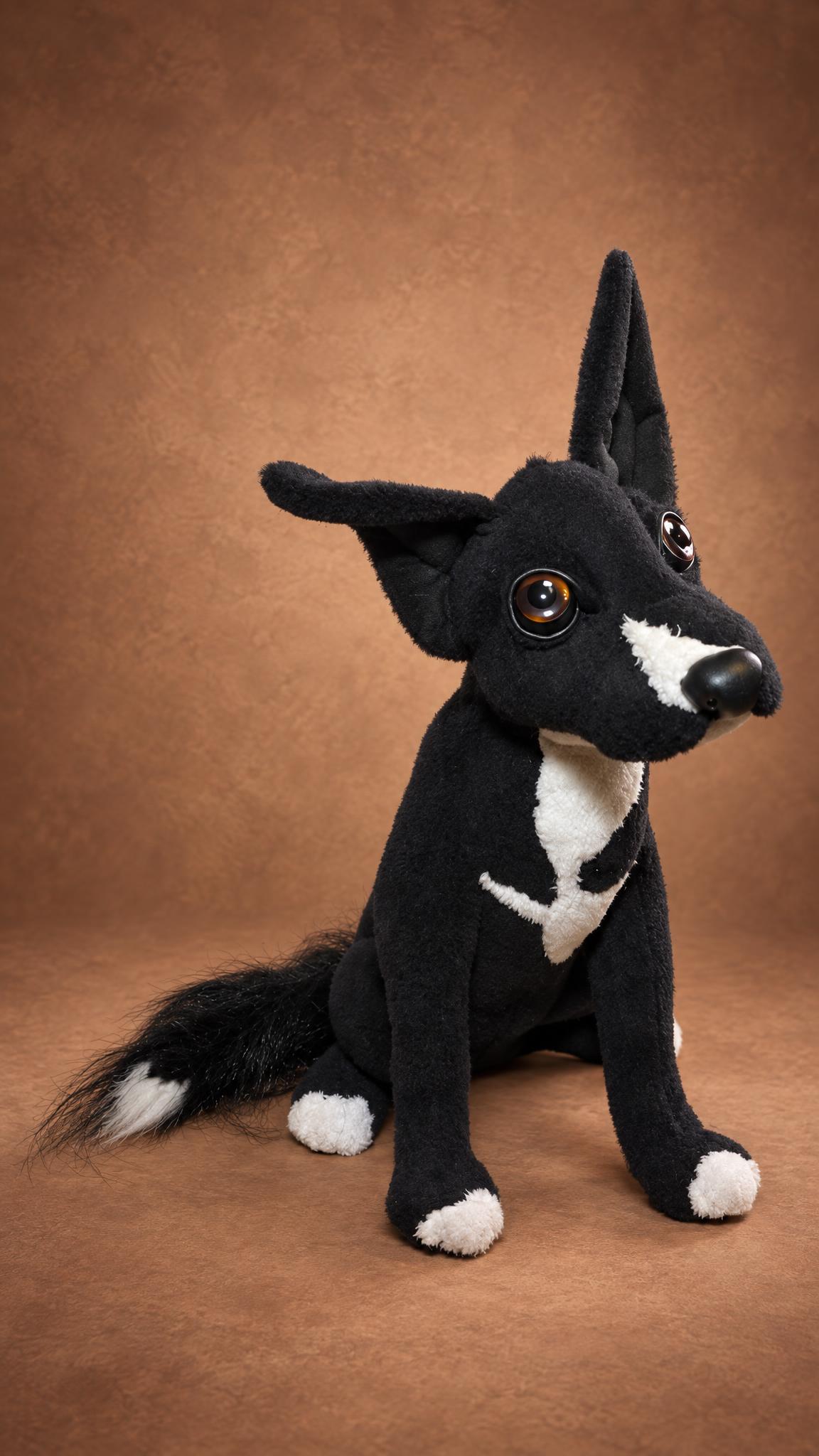 Lucky the pet replica plush sitting with a head tilt, black fur, white chest and white paws, sewn to order