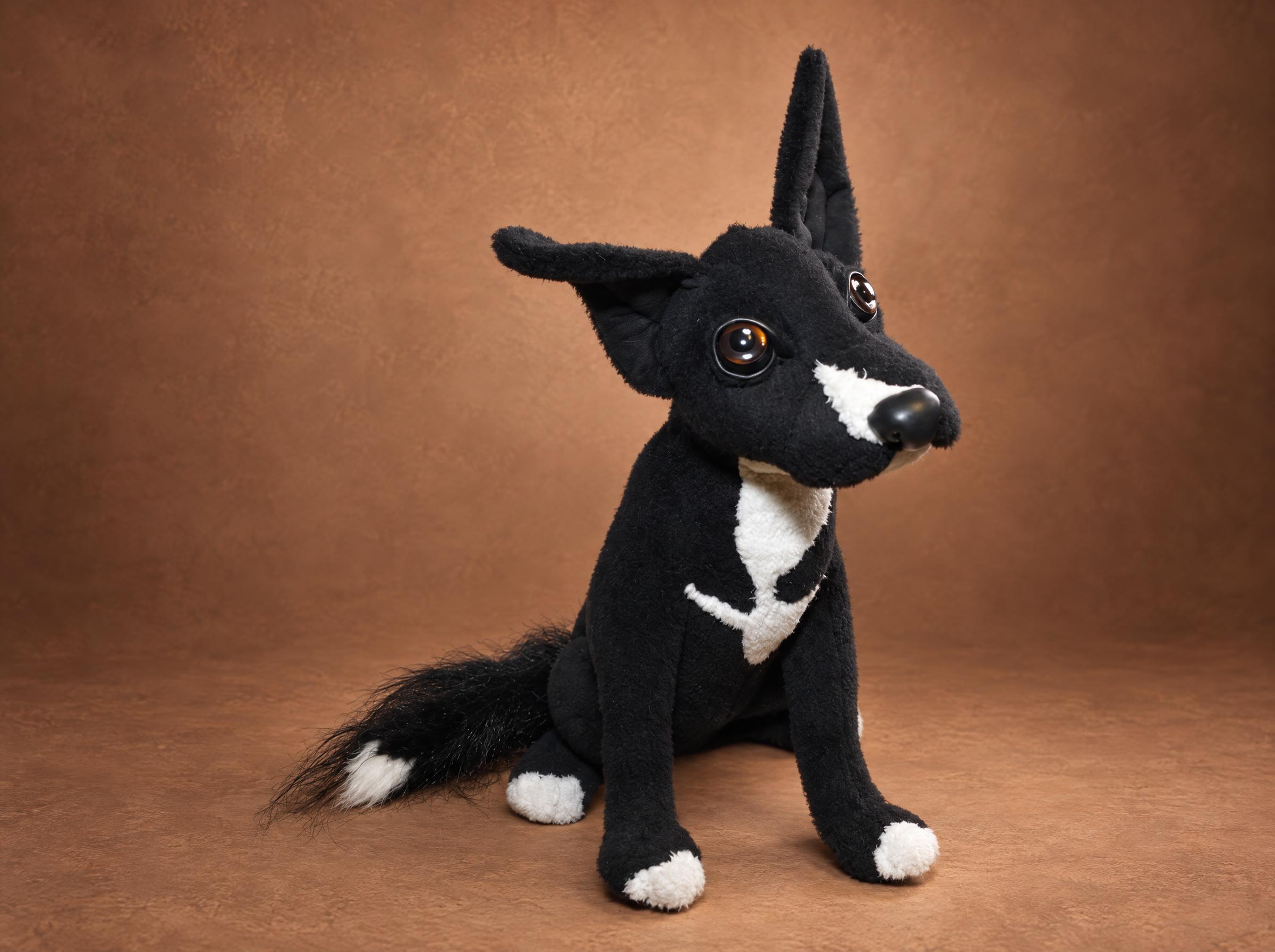 Dog plush from photo, head tilt Dog plush from photo, Lucky turning his head: black fleece, white blaze and fluffy white-tipped tail, made to order