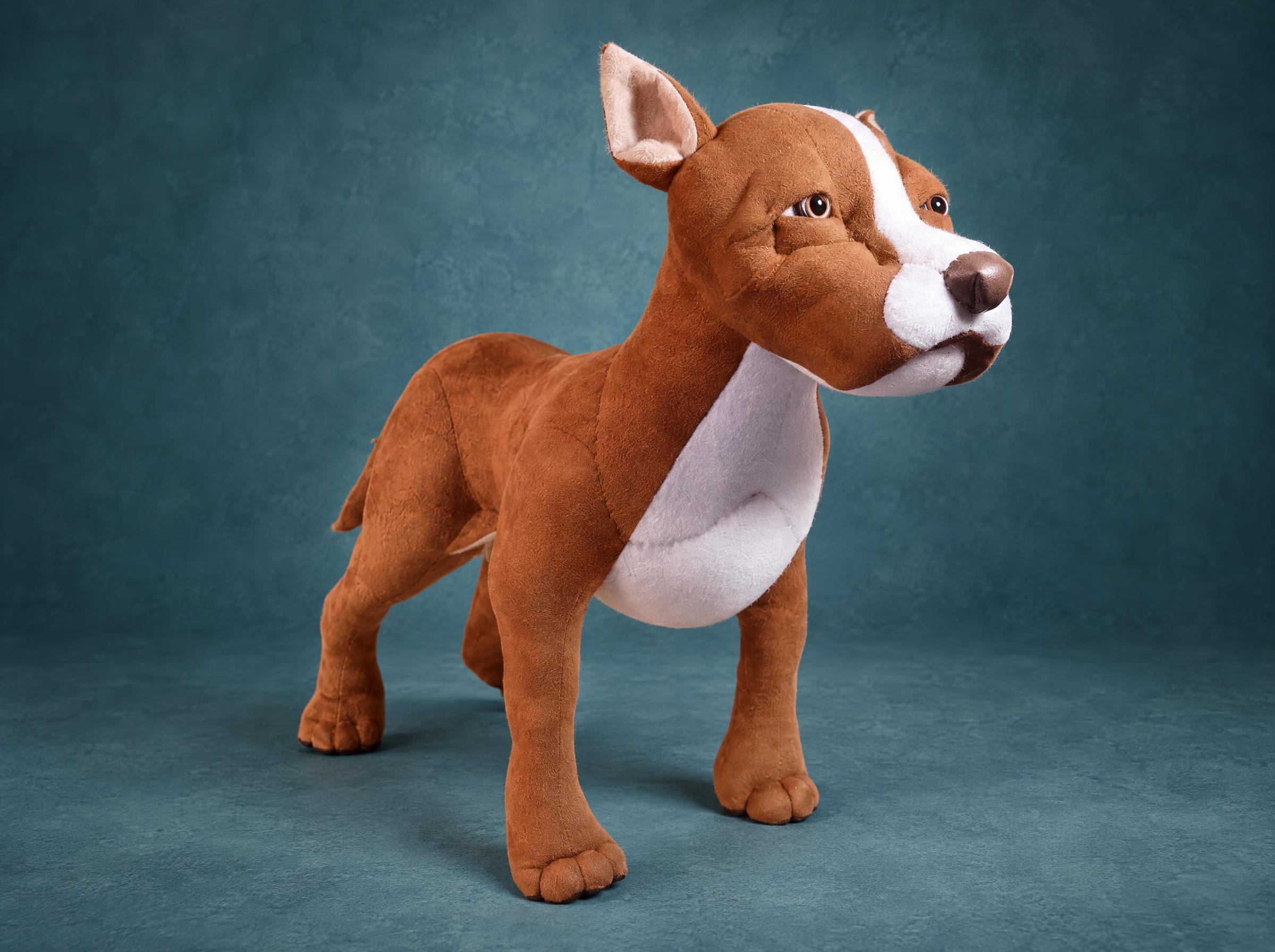 Custom dog plush made to order from photos, red-brown coat with a white chest and a white blaze