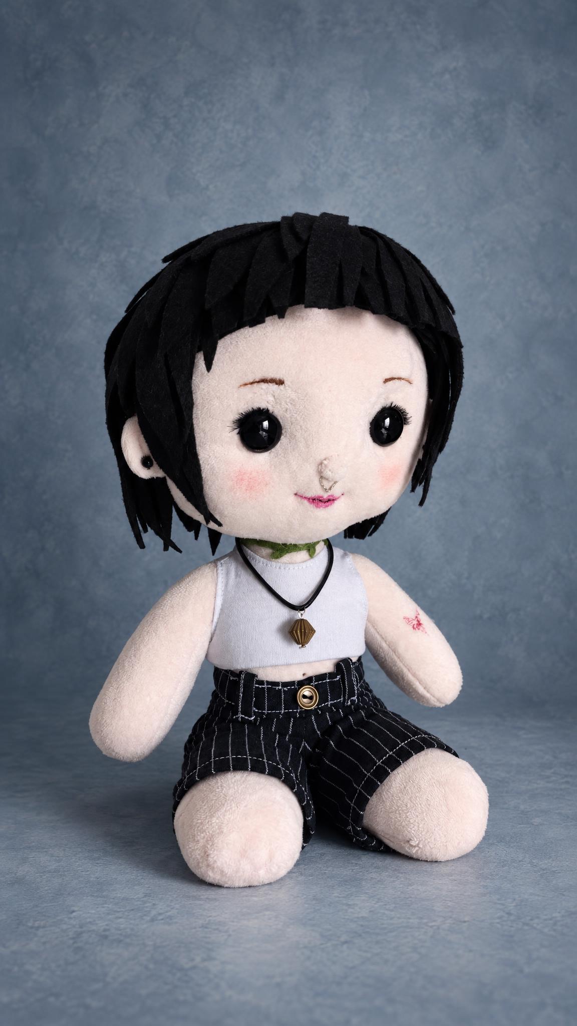 Custom doll of a girlfriend with a sleek black felt wig, nose ring and choker, a handmade portrait doll gift