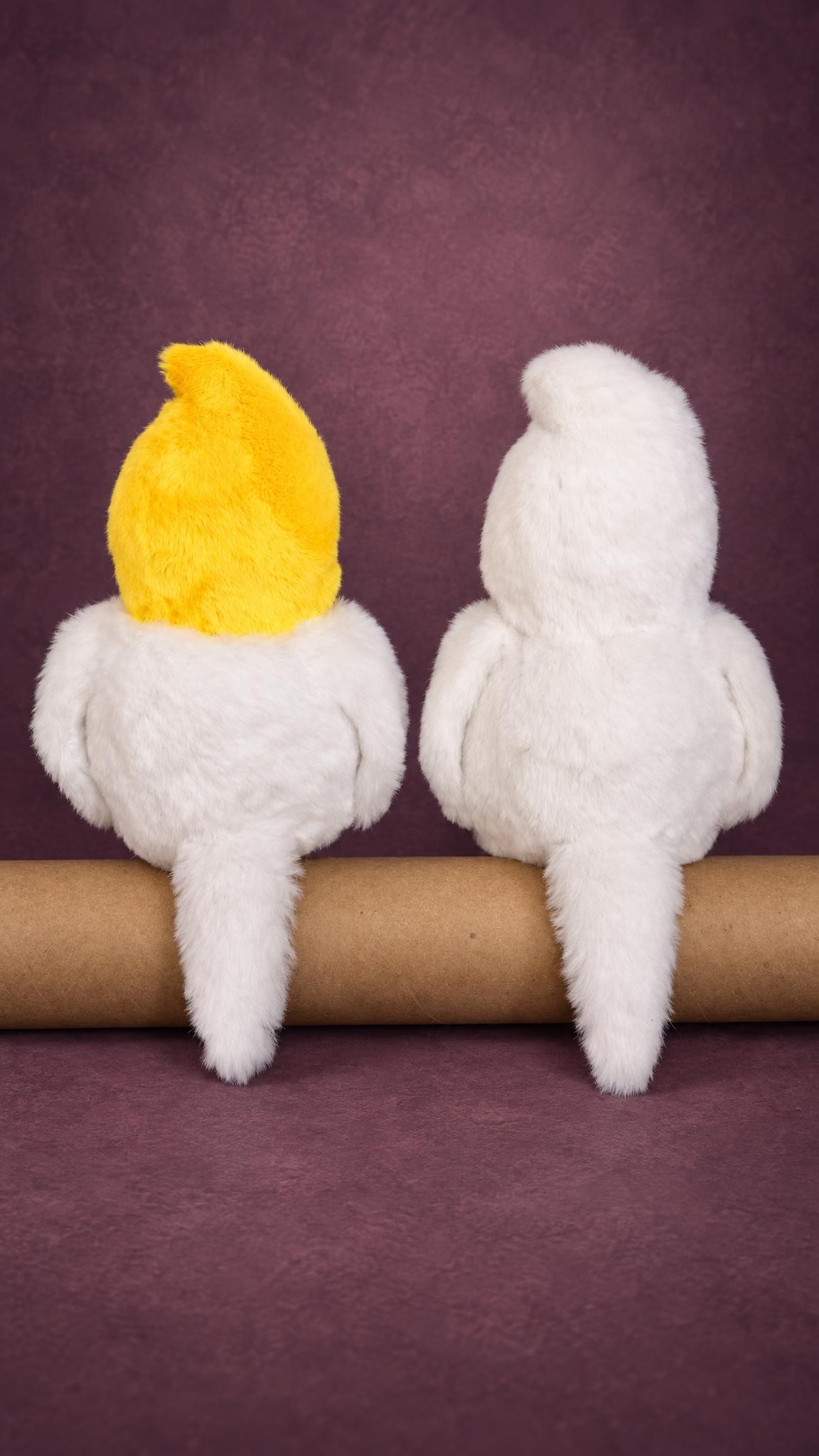 Handmade love birds plush from a drawing, two doves with soft wings and long white tails, made to order