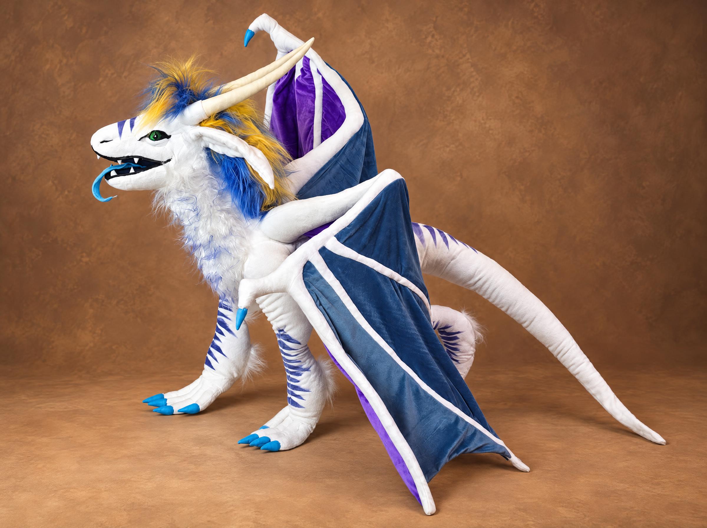 Custom dragon plush with a lowered steel-blue wing Custom dragon plush with a steel-blue wing lowered to the floor, white fur ruff and striped legs, made to order
