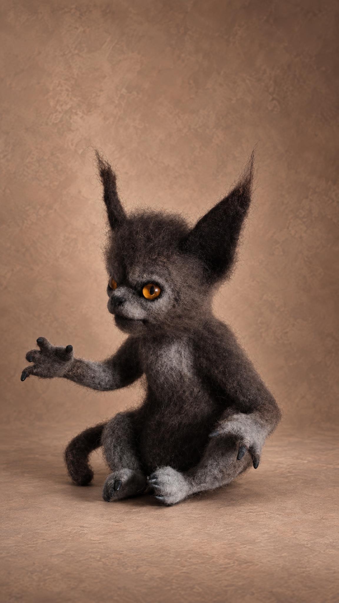 Custom fantasy creature plush from a novella in felted wool, reaching out with long clawed fingers, to order