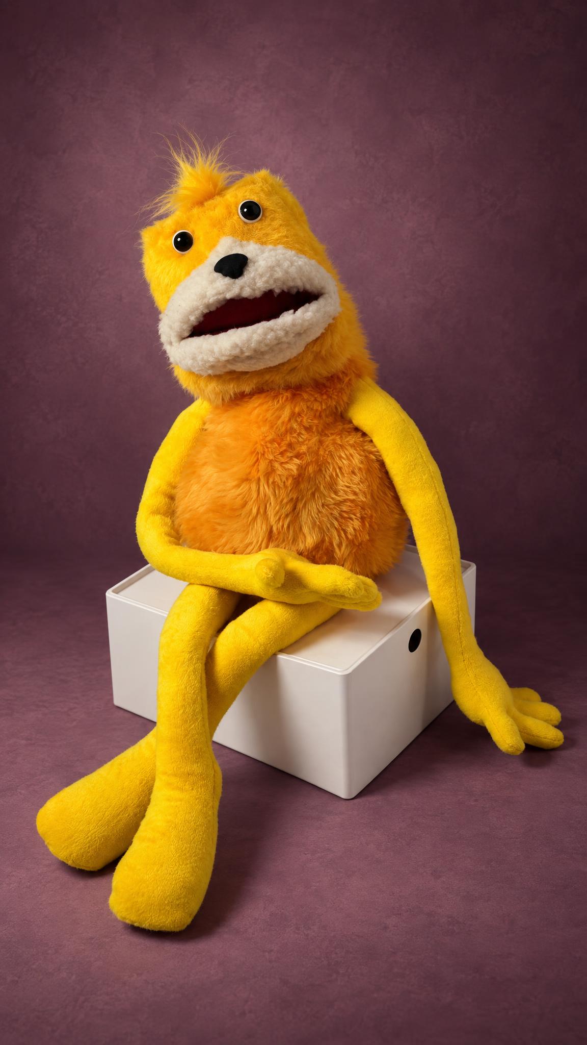 Custom Flat Eric plush sewn to order, mouth open, long yellow arms folded over his knees on a white box