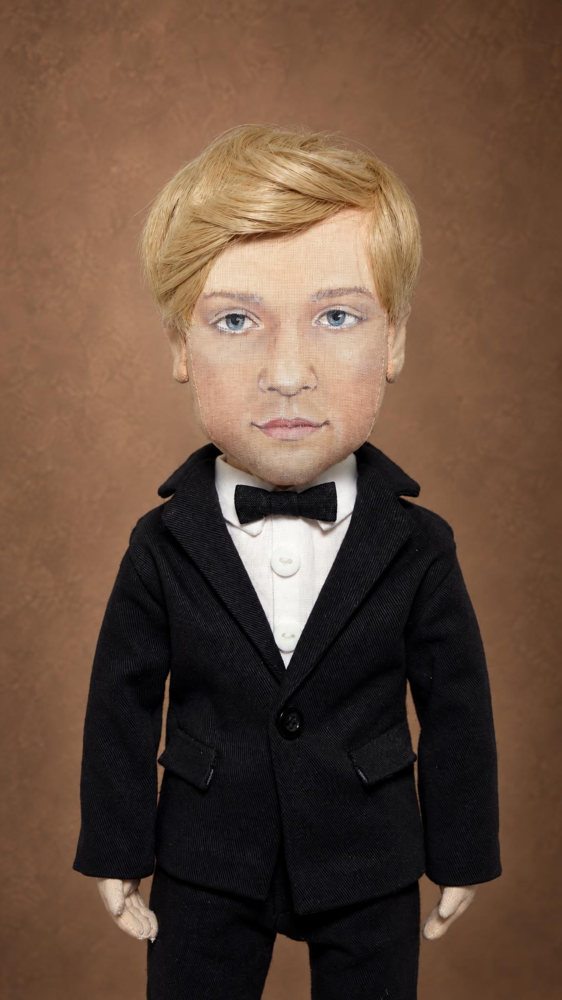 Groom portrait doll sewn to order as a wedding gift: blond hair, black jacket with flap pockets, black bow tie