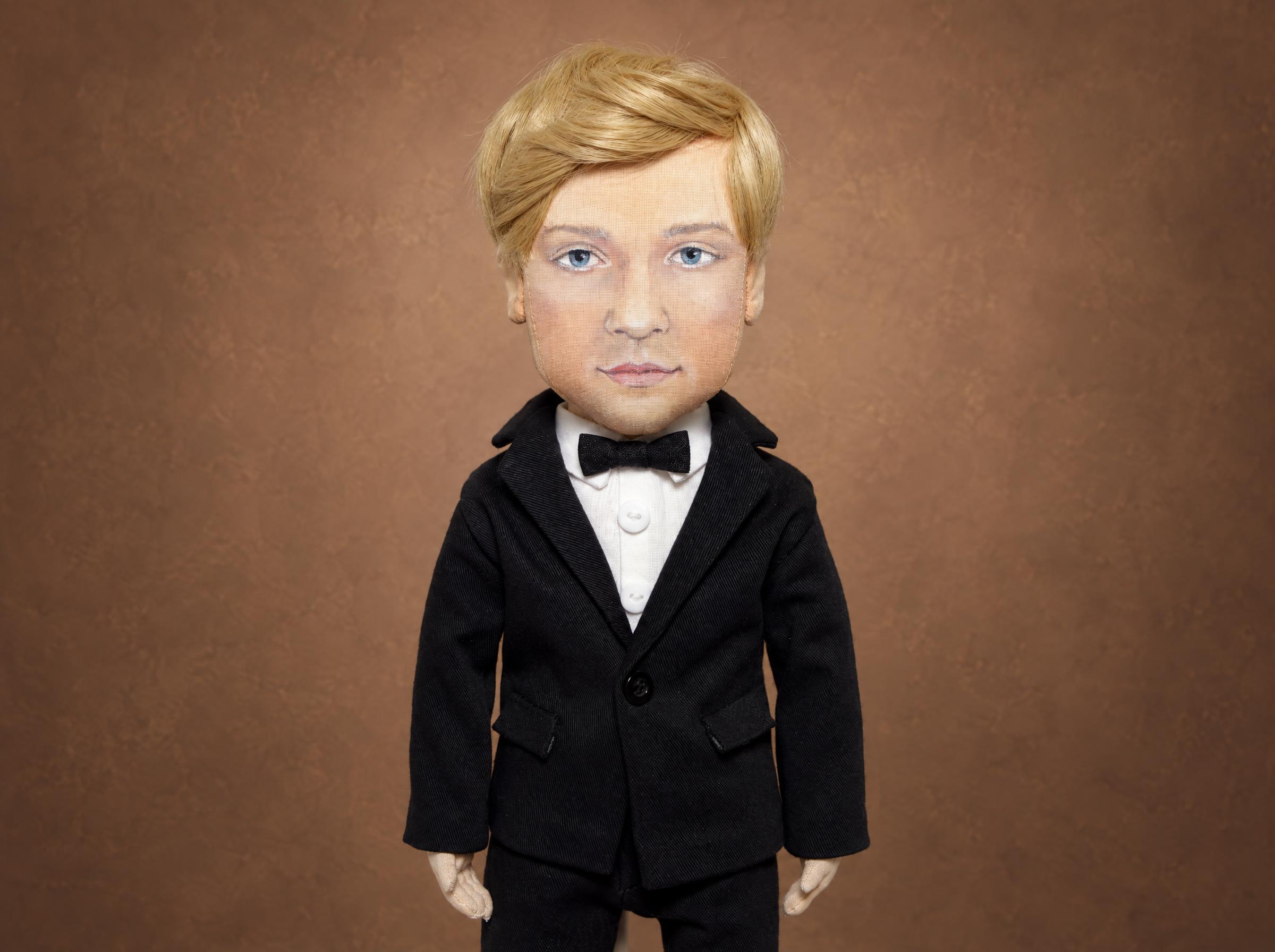 Custom Groom Doll From a Photo in a Black Suit Custom groom doll from a photo, made to order: painted face, blond hair, black suit, white shirt and bow tie