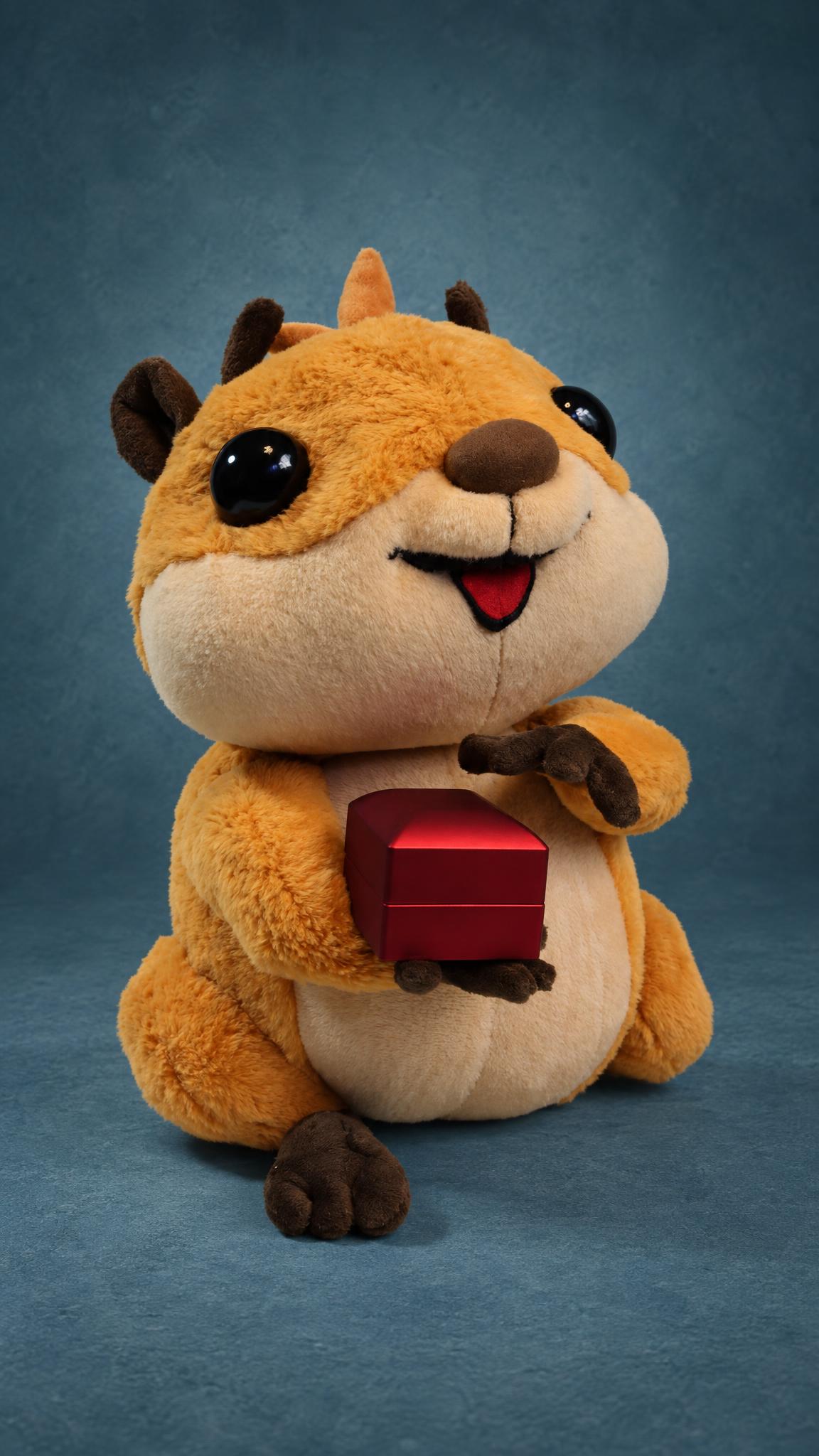 Hamster plush from a messenger sticker with a closed red engagement ring box, a love gift made to order