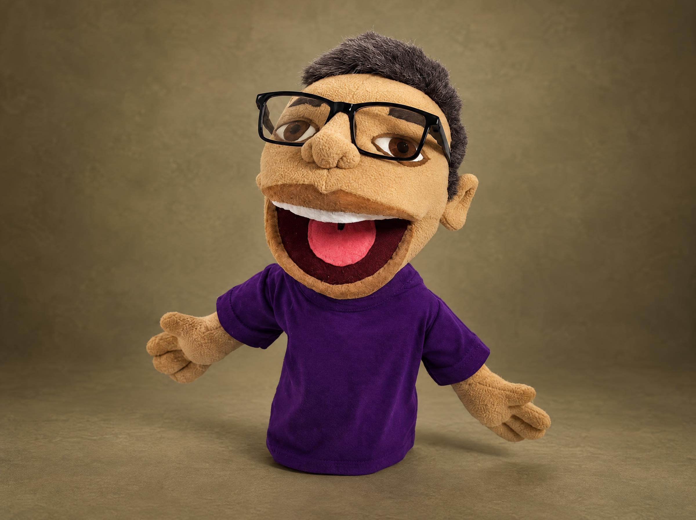 Custom hand puppet of a blogger with a wide moving mouth, black glasses and purple T-shirt, made to order