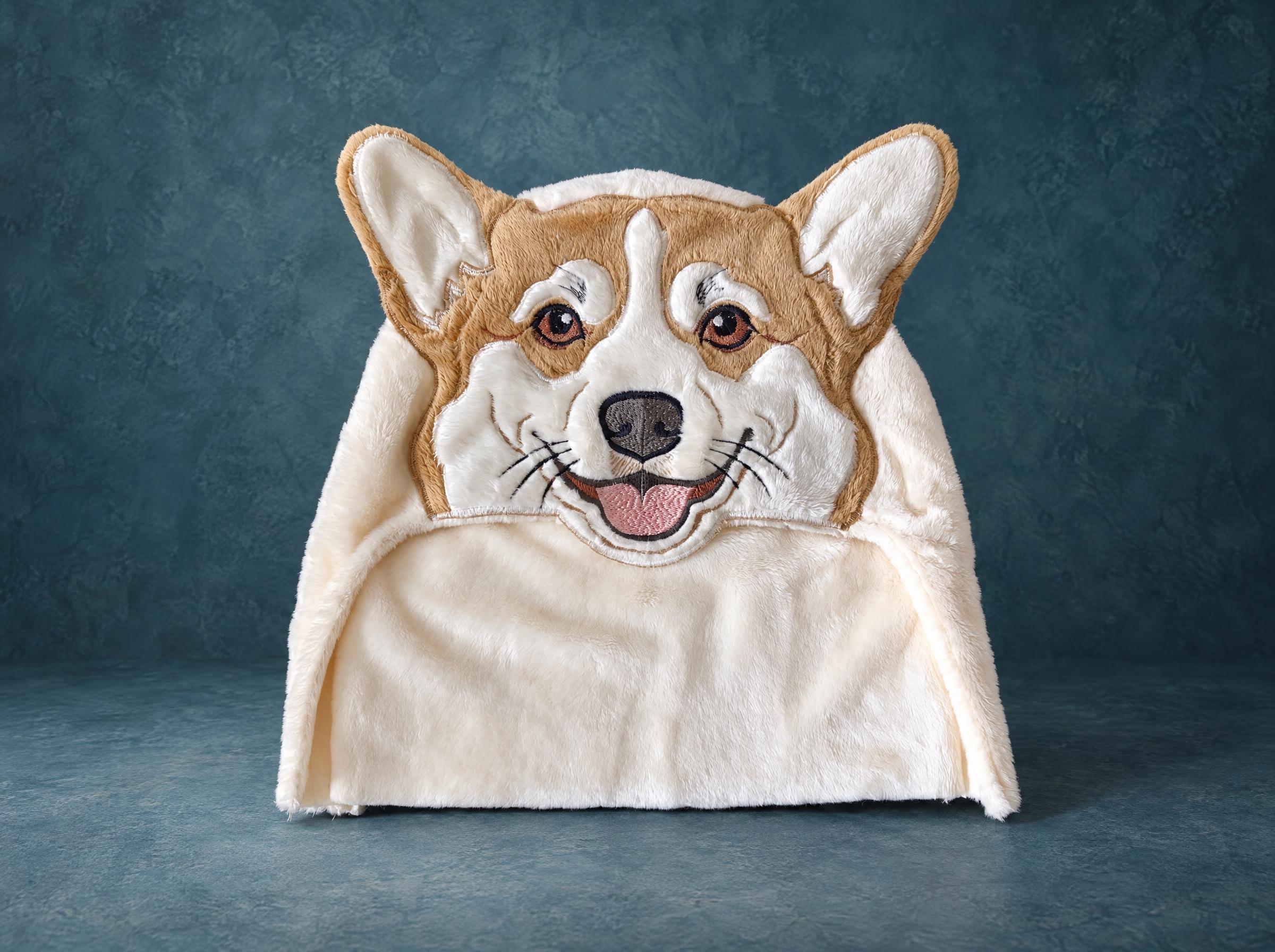 Custom hooded towel sample, corgi face Custom hooded towel sample with a corgi face, made to order: embroidered eyes, whiskers, pink tongue on plush