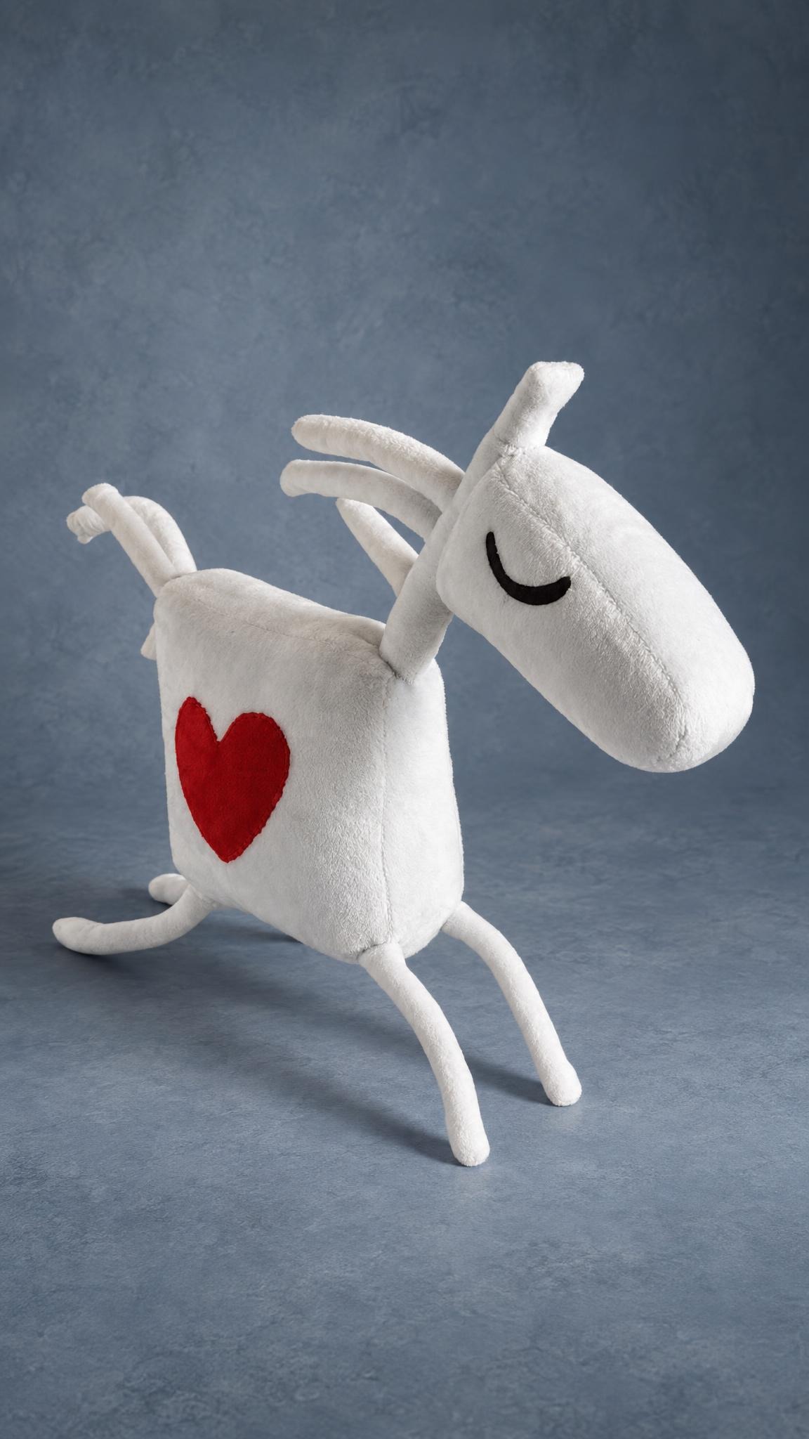 Custom horse mascot plush in white soft plush, cube body, red heart and flying mane, handmade to order