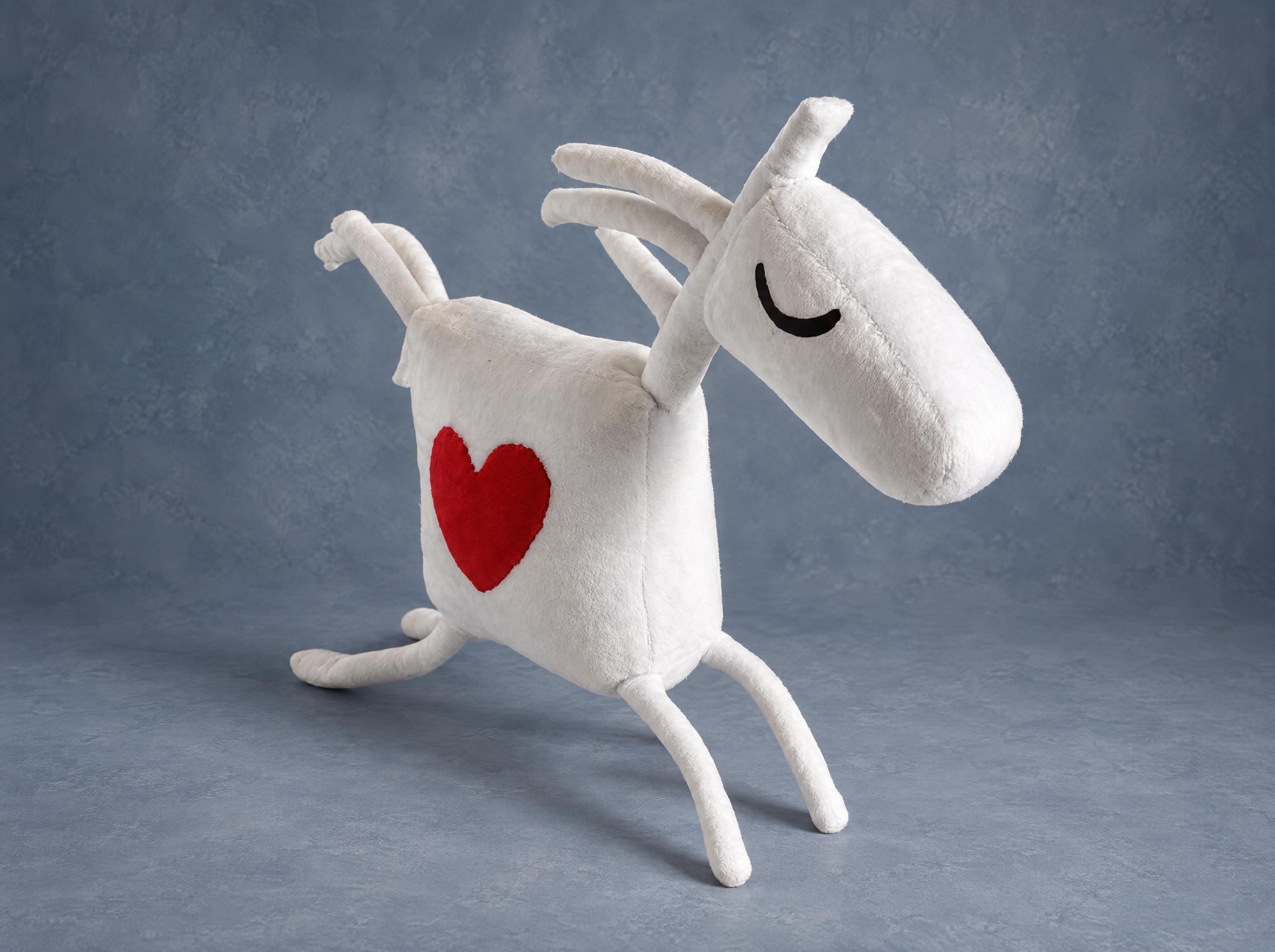 Custom horse mascot plush for a riding club Custom horse mascot plush in white soft plush, cube body, red heart and flying mane, handmade to order