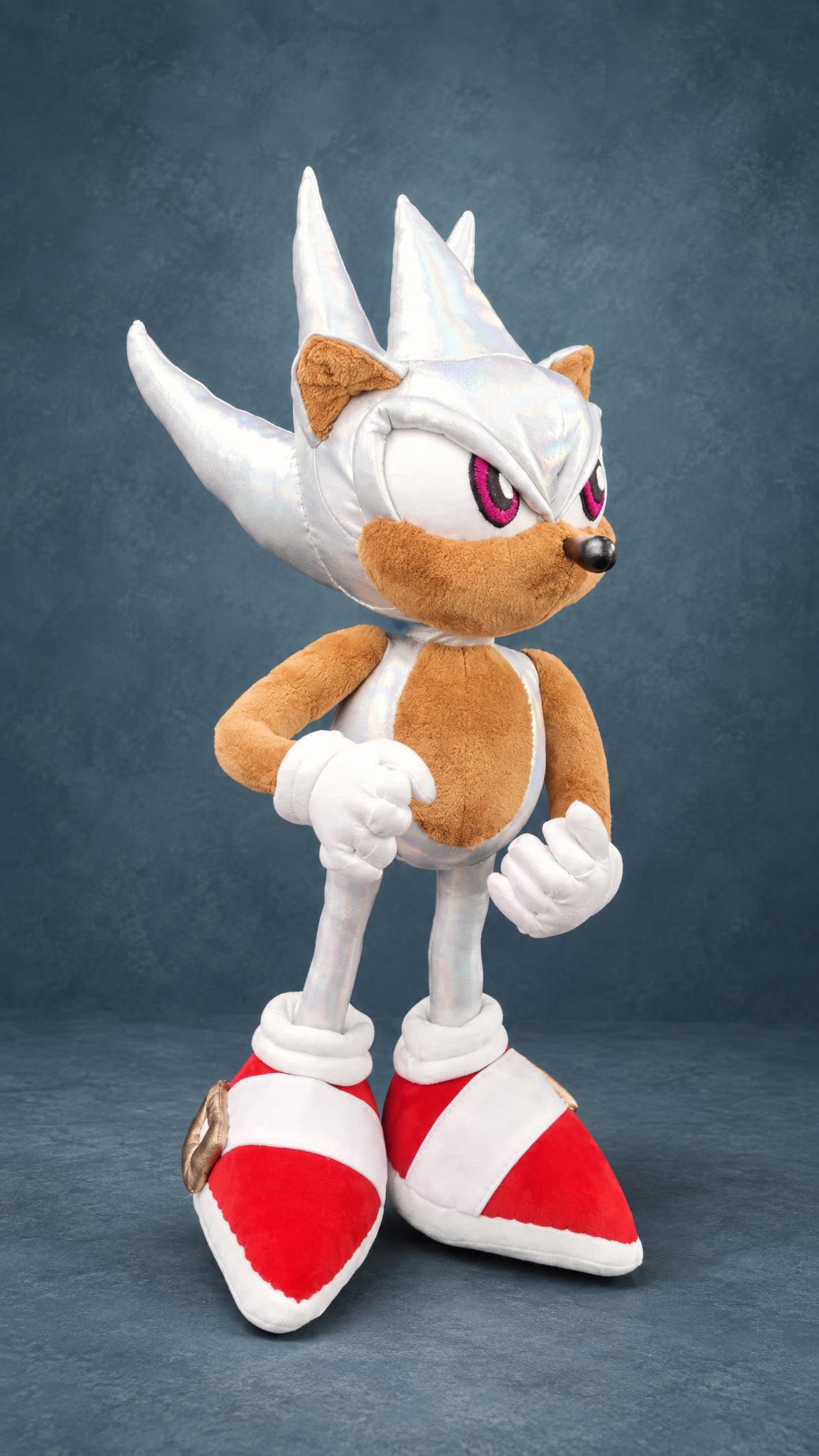 Handmade Hyper Sonic toy with fists up, silver holographic body and tan plush, made to order