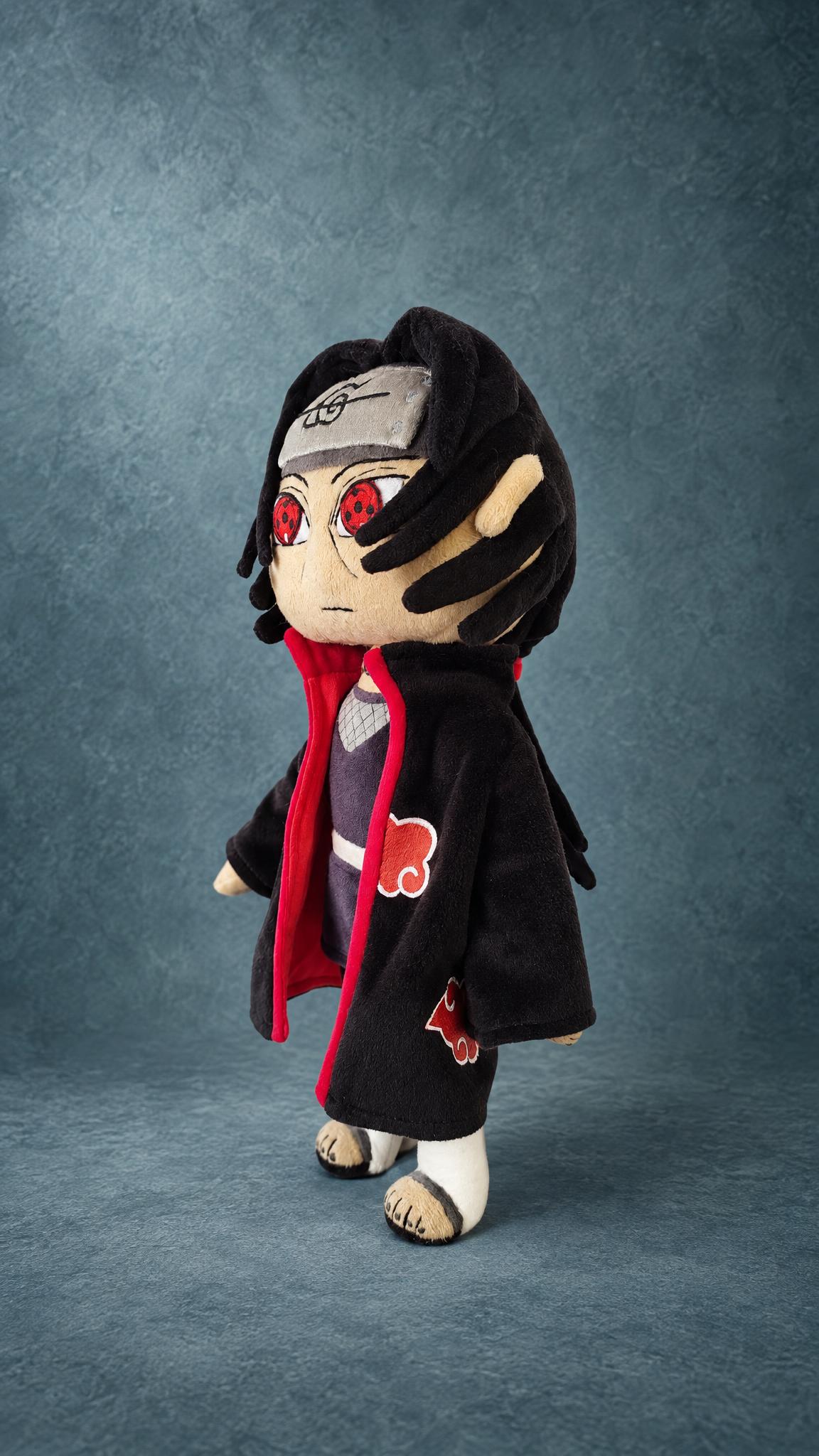Custom Itachi plush from Naruto, sewn by hand to order: chibi face, Sharingan eyes, long black hair locks