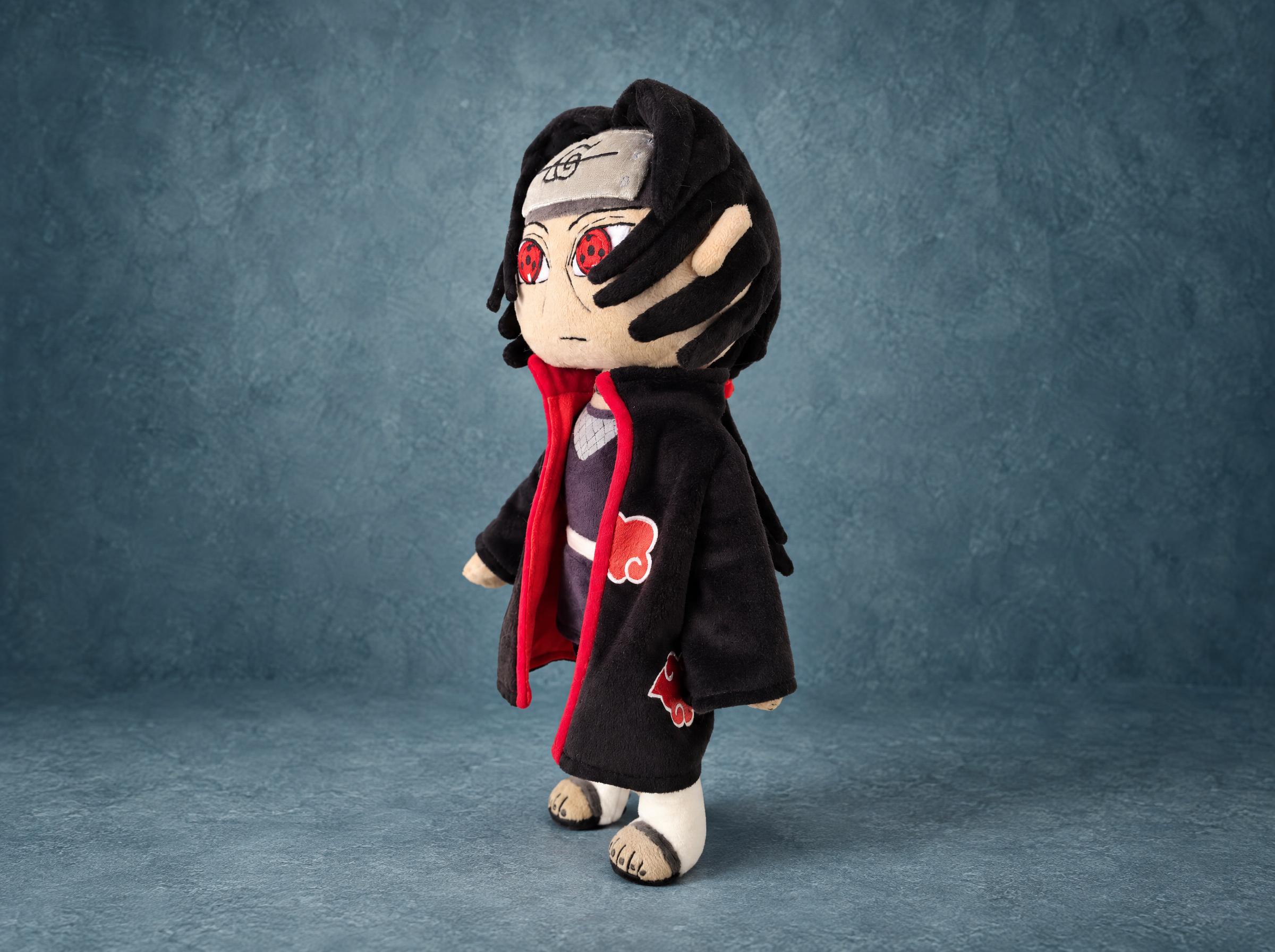 Custom Itachi plush, Naruto Akatsuki look, handmade Custom Itachi plush from Naruto, made to order by hand: black hair locks, Leaf headband, Akatsuki cloak