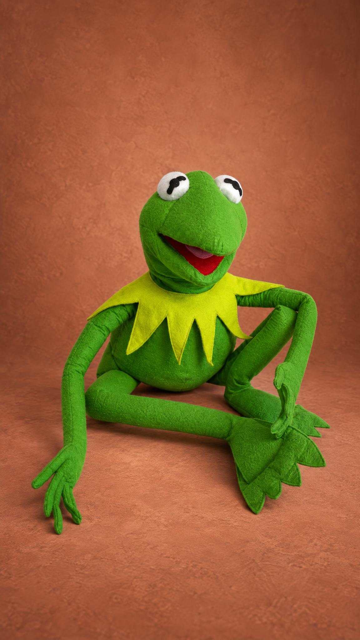 Custom Kermit plush made to order, felt Muppet frog with long arms, flipper feet and a yellow-green collar