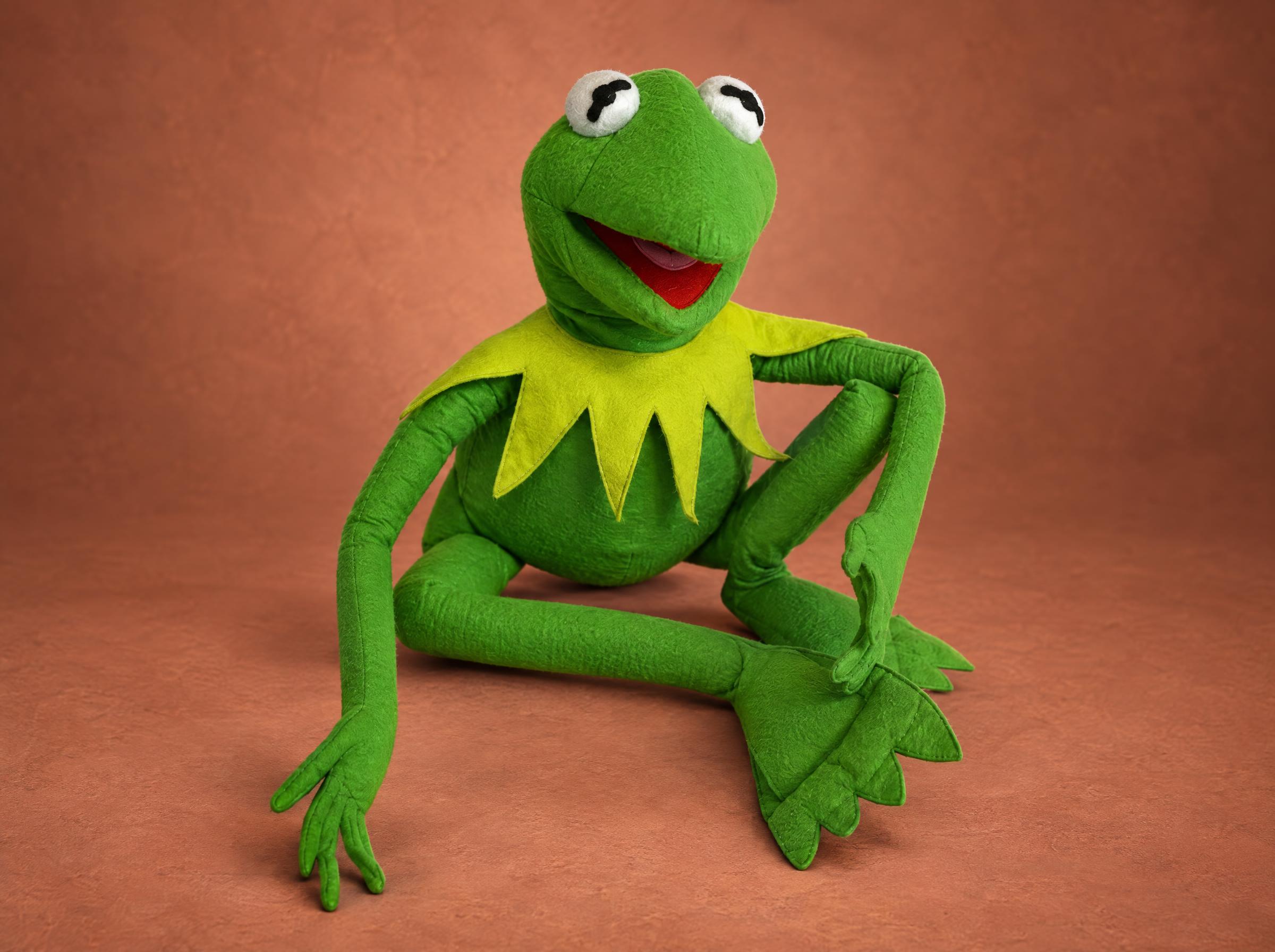 Custom Kermit plush made to order, felt Muppet frog with long arms, flipper feet and a yellow-green collar