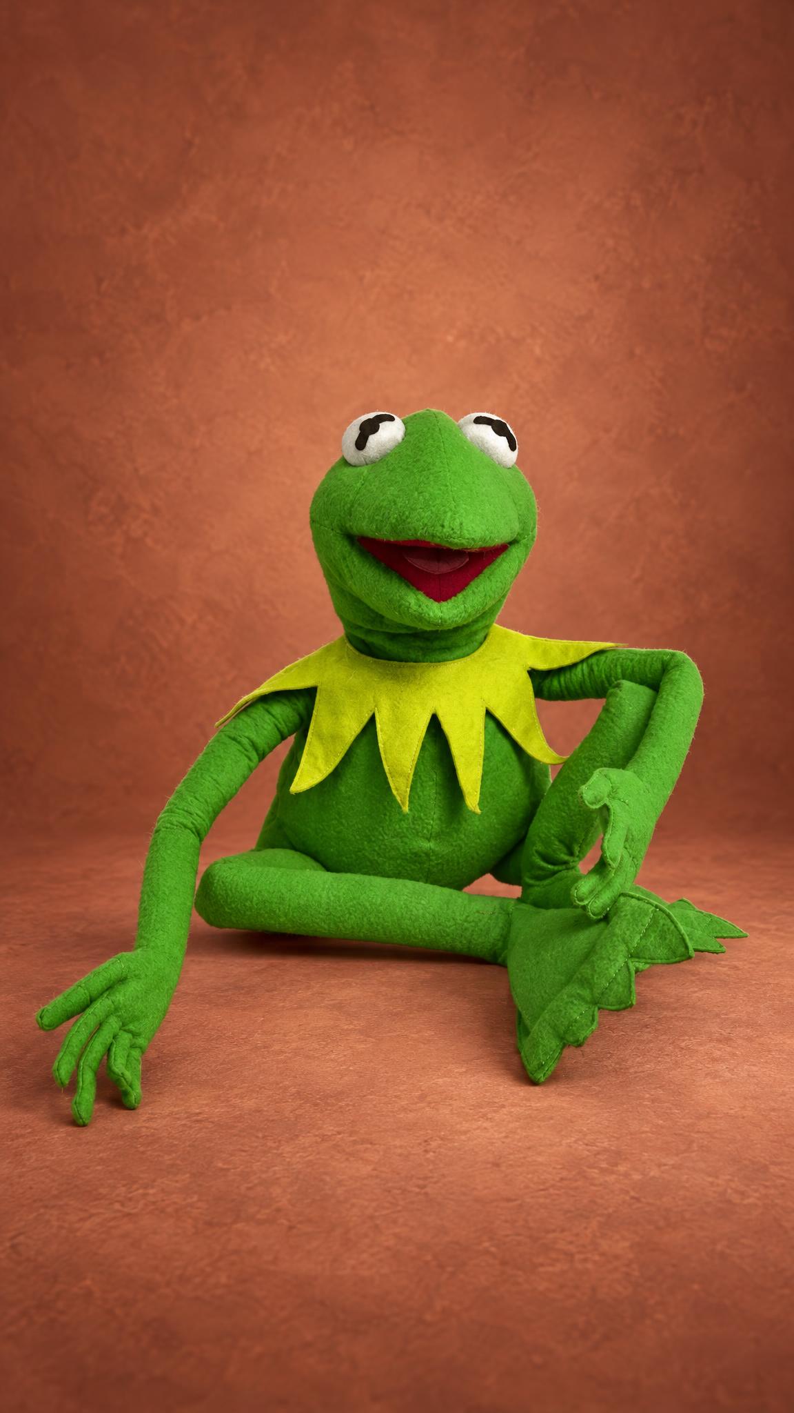 Custom Kermit the Frog Muppet plush, handmade to order, one felt arm resting on his knee, yellow-green collar