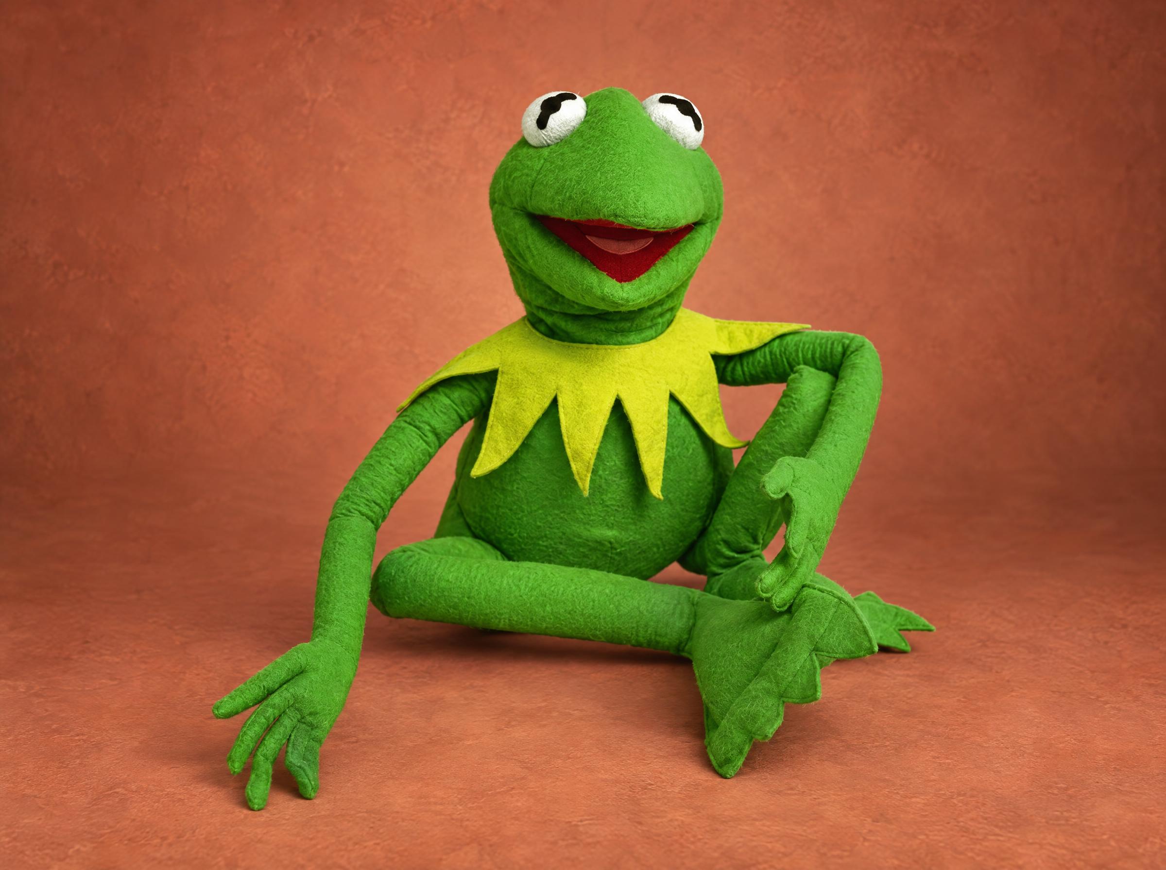 Custom Kermit the Frog Muppet Plush, Handmade Custom Kermit the Frog Muppet plush, handmade to order, one felt arm resting on his knee, yellow-green collar