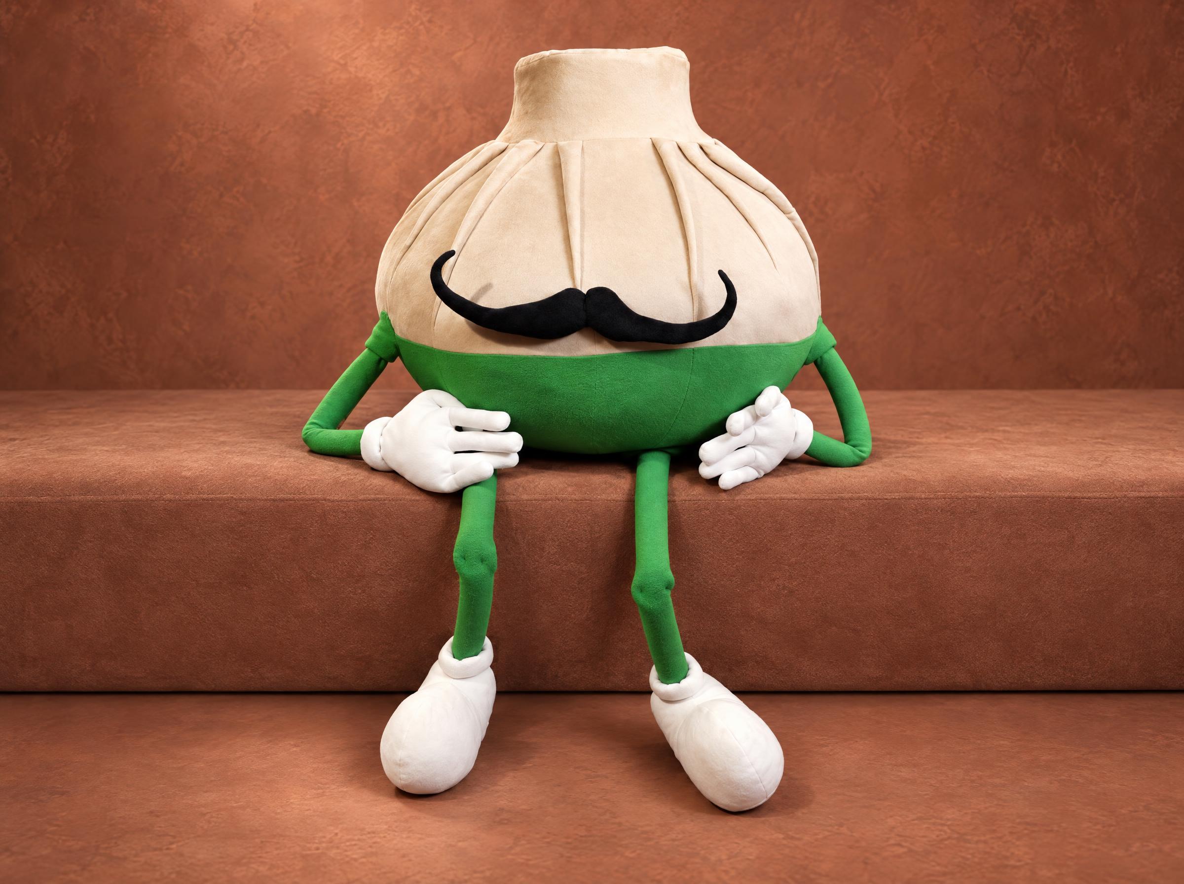 Custom khinkali plush mascot made to order: beige dumpling with pleats, black moustache, long green arms and legs