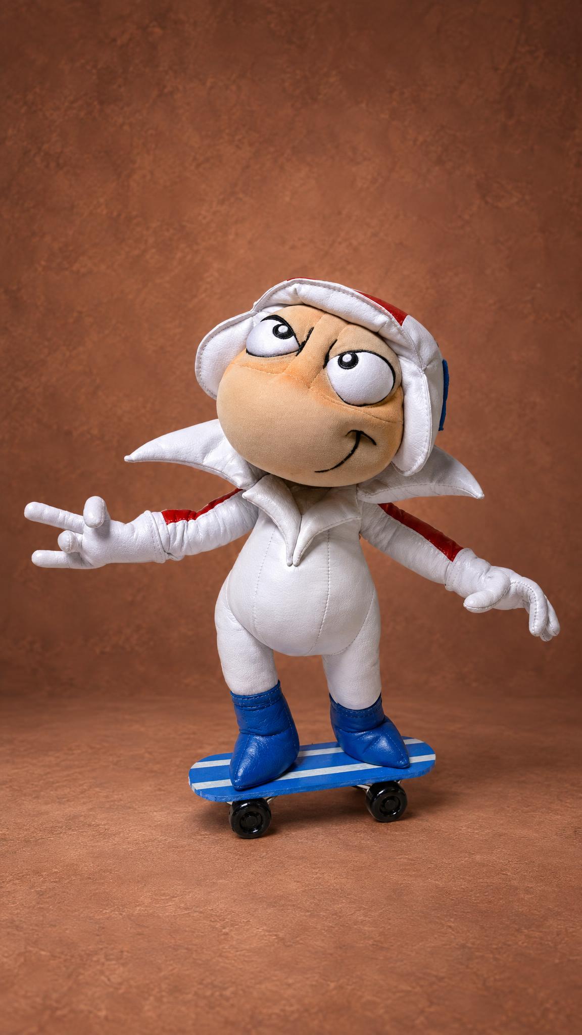 Custom Kick Buttowski plush toy, made to order: white faux-leather suit, blue boots, riding a striped skateboard